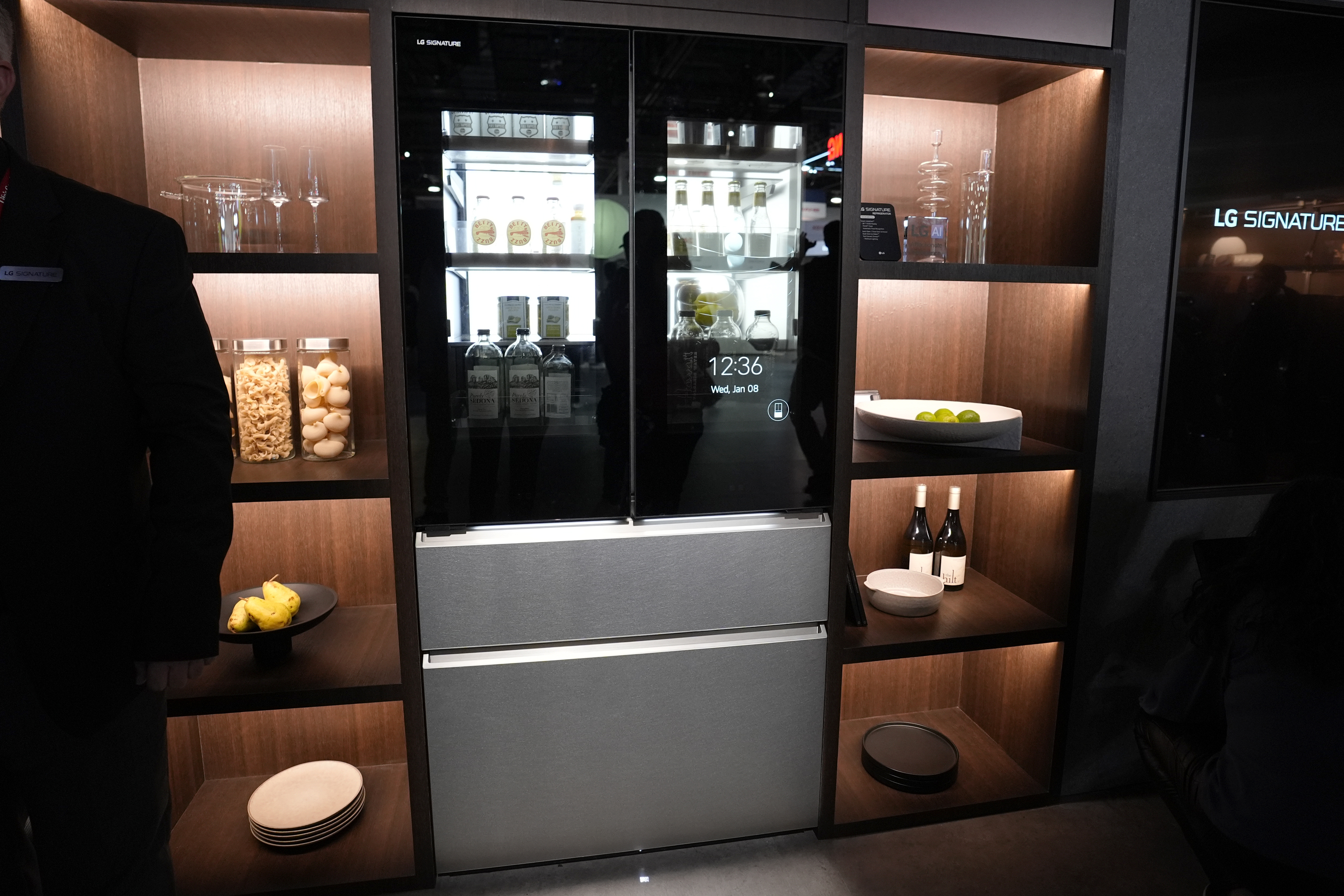 The LG Electronics Signature Home AI refrigerator is displayed at a LG Electronics booth during the CES tech show Wednesday, Jan. 8, 2025, in Las Vegas.<br />(Abbie Parr / AP Photo)