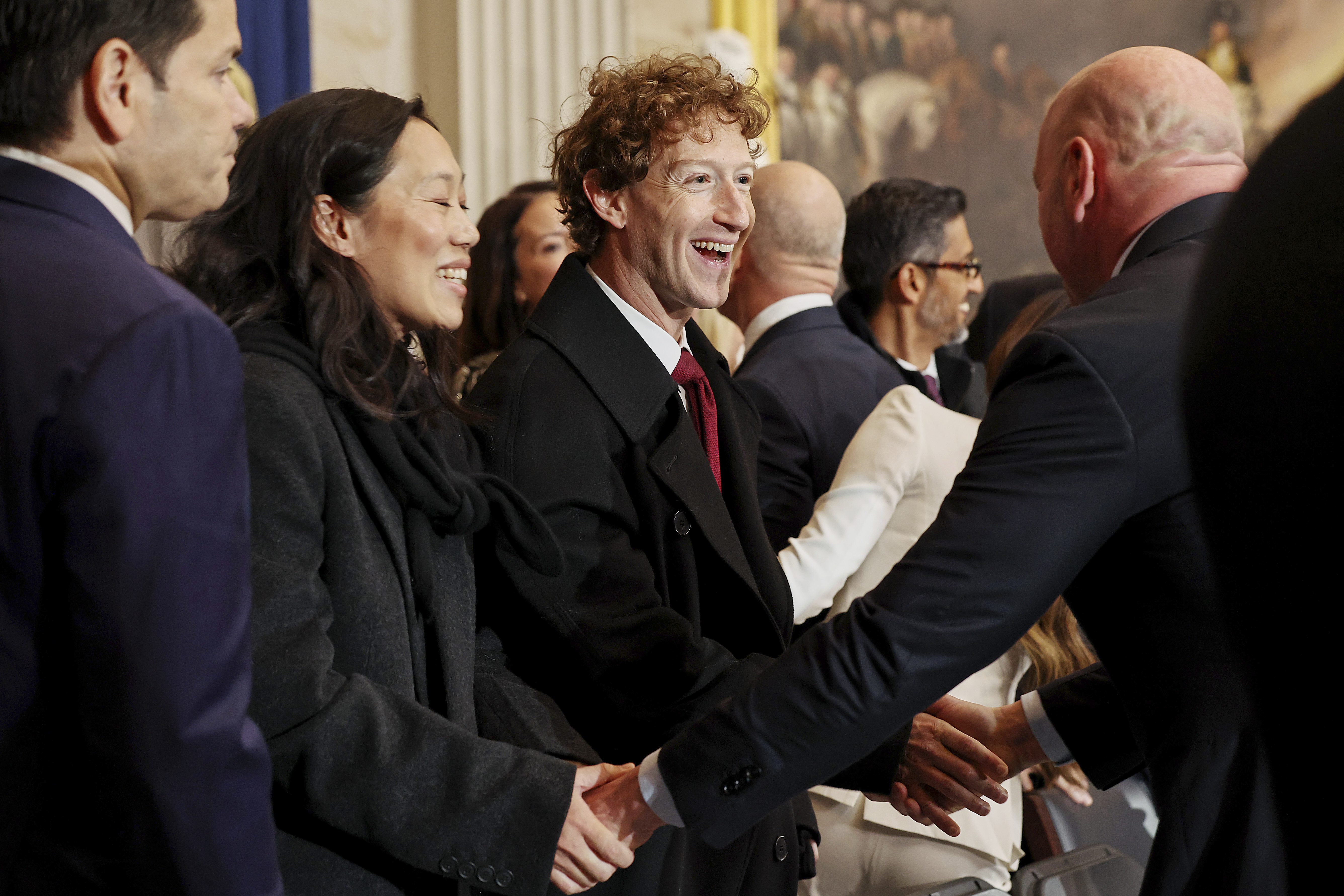 Meta CEO Mark Zuckerberg (right) and his wife Priscilla Chan arrive before the 60th Presidential Inauguration in the Rotunda of the U.S. Capitol in Washington, Monday, Jan. 20, 2025.<br />(Chip Somodevilla / AP Photo)