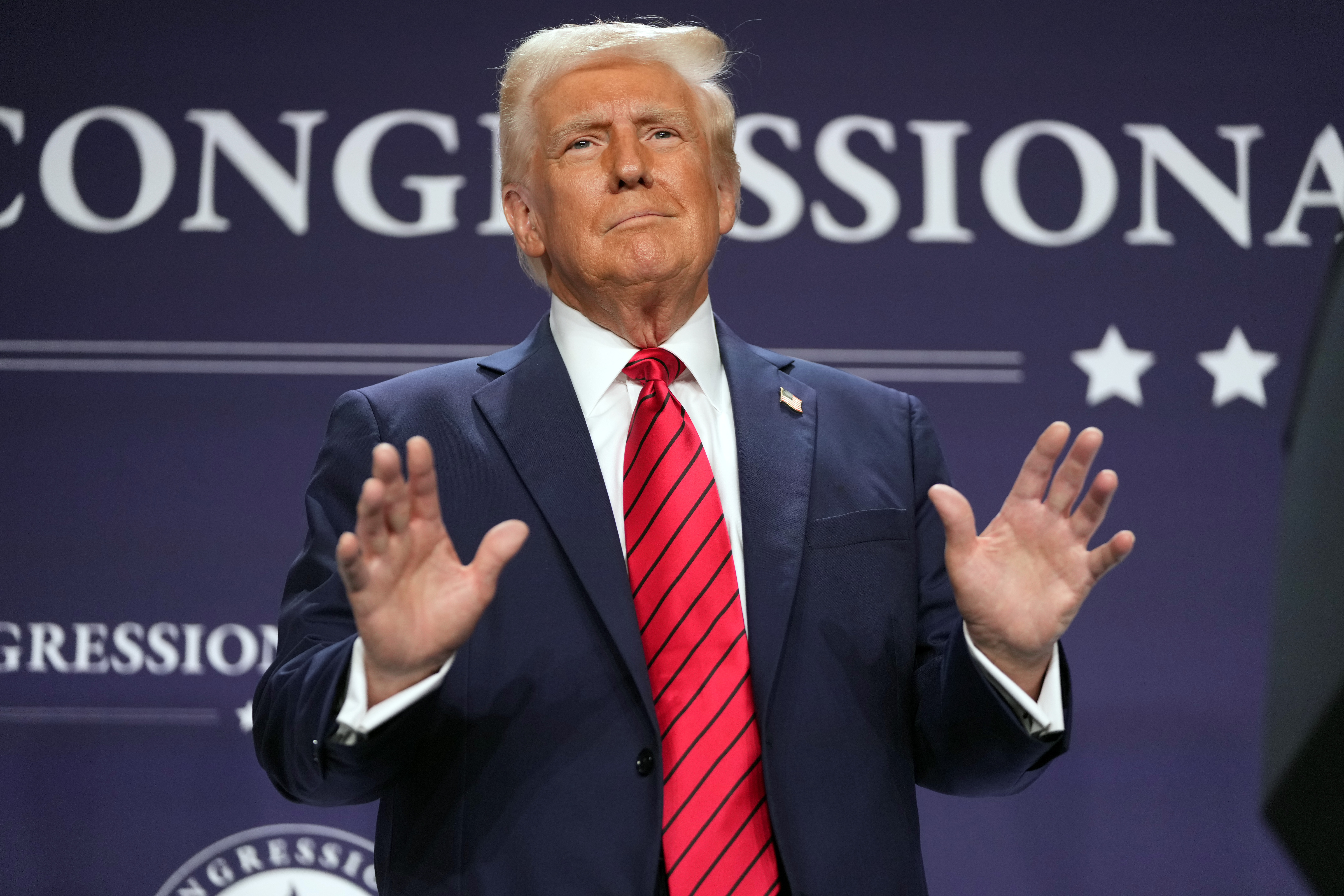 President Donald Trump arrives to speak at the 2025 House Republican Members Conference Dinner at Trump National Doral Miami in Doral, Fla., Monday, Jan. 27, 2025.<br />(Mark Schiefelbein AP Photo)