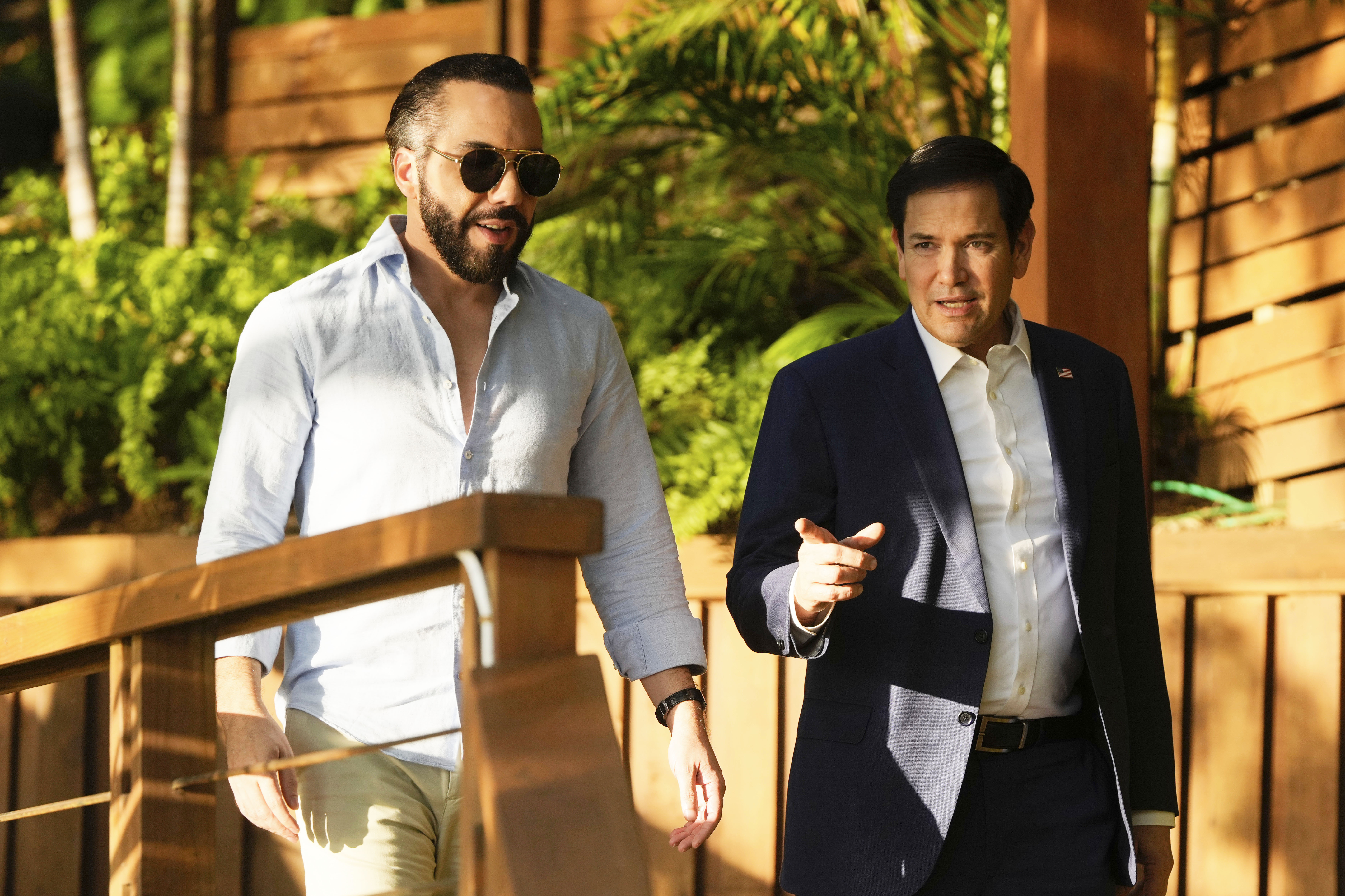 U.S. Secretary of State Marco Rubio (right) meets with President Nayib Bukele at his residence at Lake Coatepeque in El Salvador, Monday, Feb. 3, 2025.<br />(Mark Schiefelbein / AP Photo)