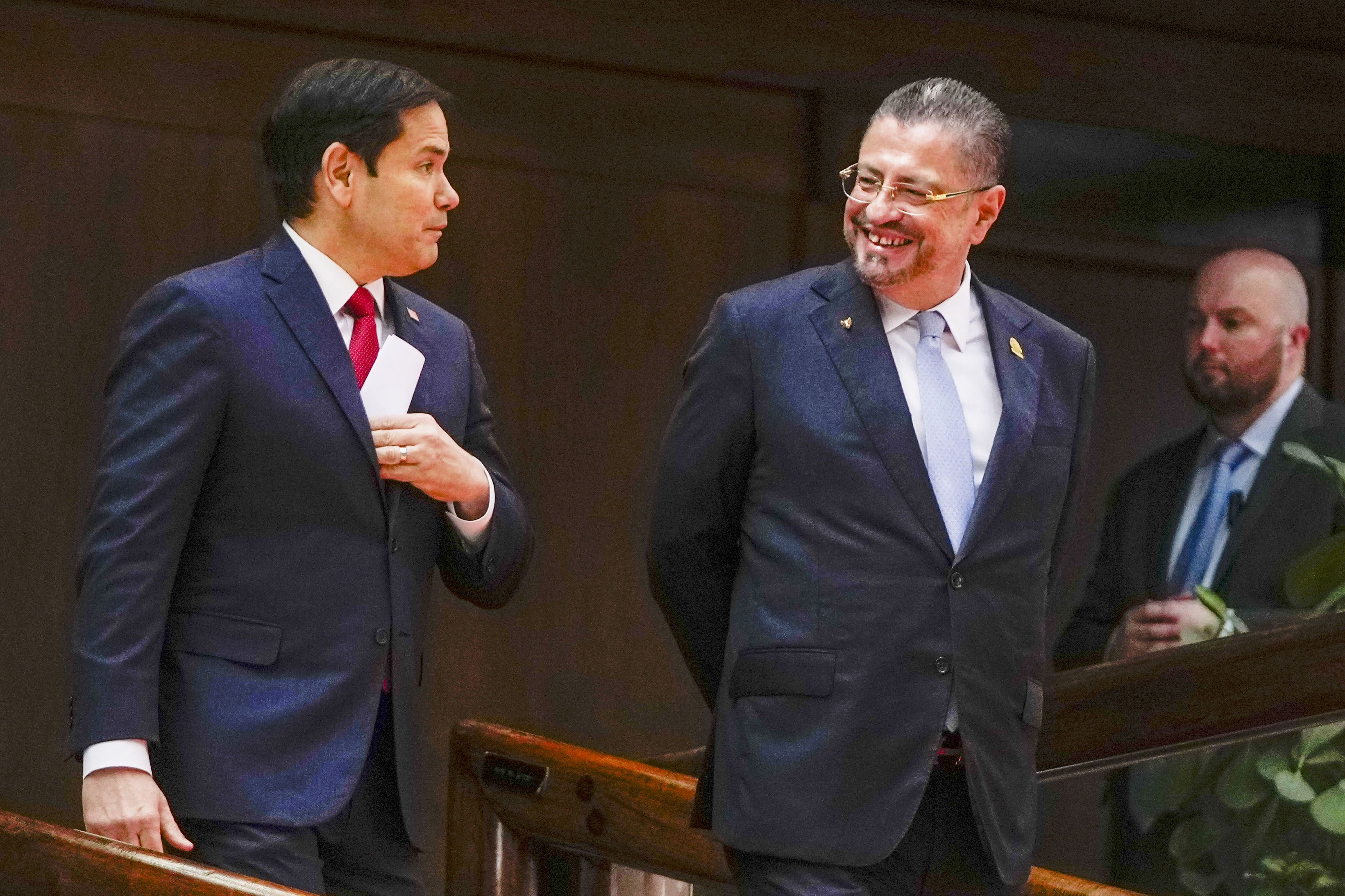 Secretary of State Marco Rubio and Costa Rican President Rodrigo Chaves arrive to give a joint news conference at the presidential palace in San Jose, Costa Rica, Tuesday, Feb. 4, 2025.<br />(Mark Schiefelbein / AP Photo)