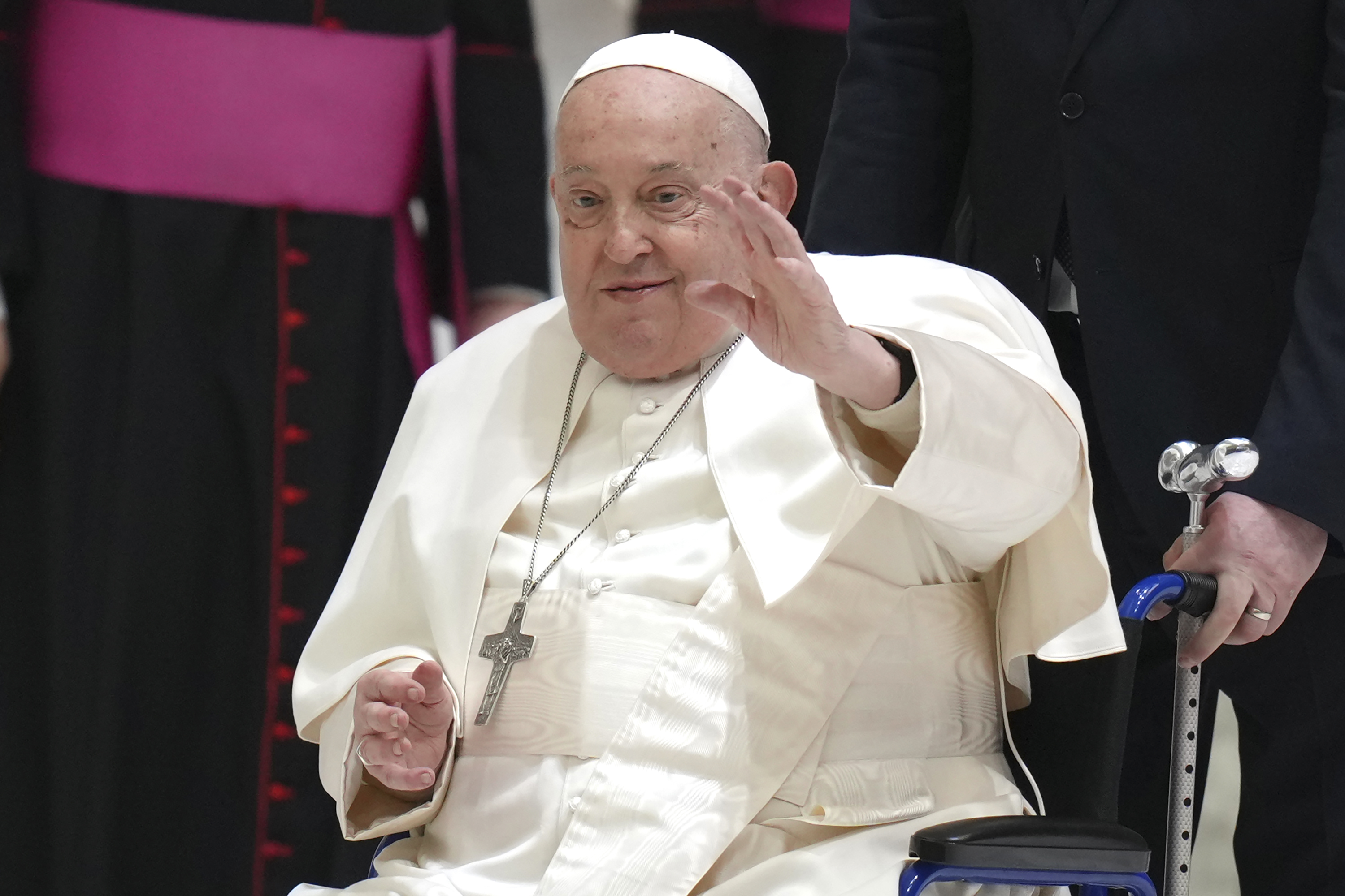Pope Francis waves as he arrives for his weekly general audience in the Paul VI Hall, at the Vatican, Wednesday, Feb. 12, 2025.<br />(Alessandra Tarantino / AP Photo)