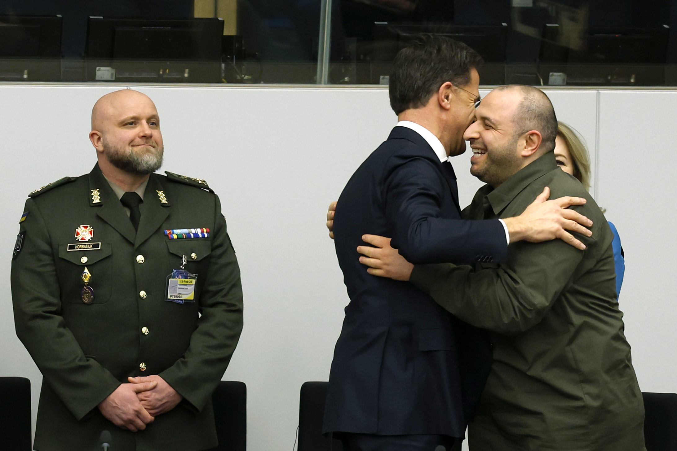 Ukraine&#039;s Defense Minister Rustem Umerov (right) is greeted by NATO Secretary General Mark Rutte during a meeting of the Ukraine Defense Contact group at NATO headquarters in Brussels, Wednesday, Feb. 12, 2025.<br /> (Omar Havana / AP Photo)