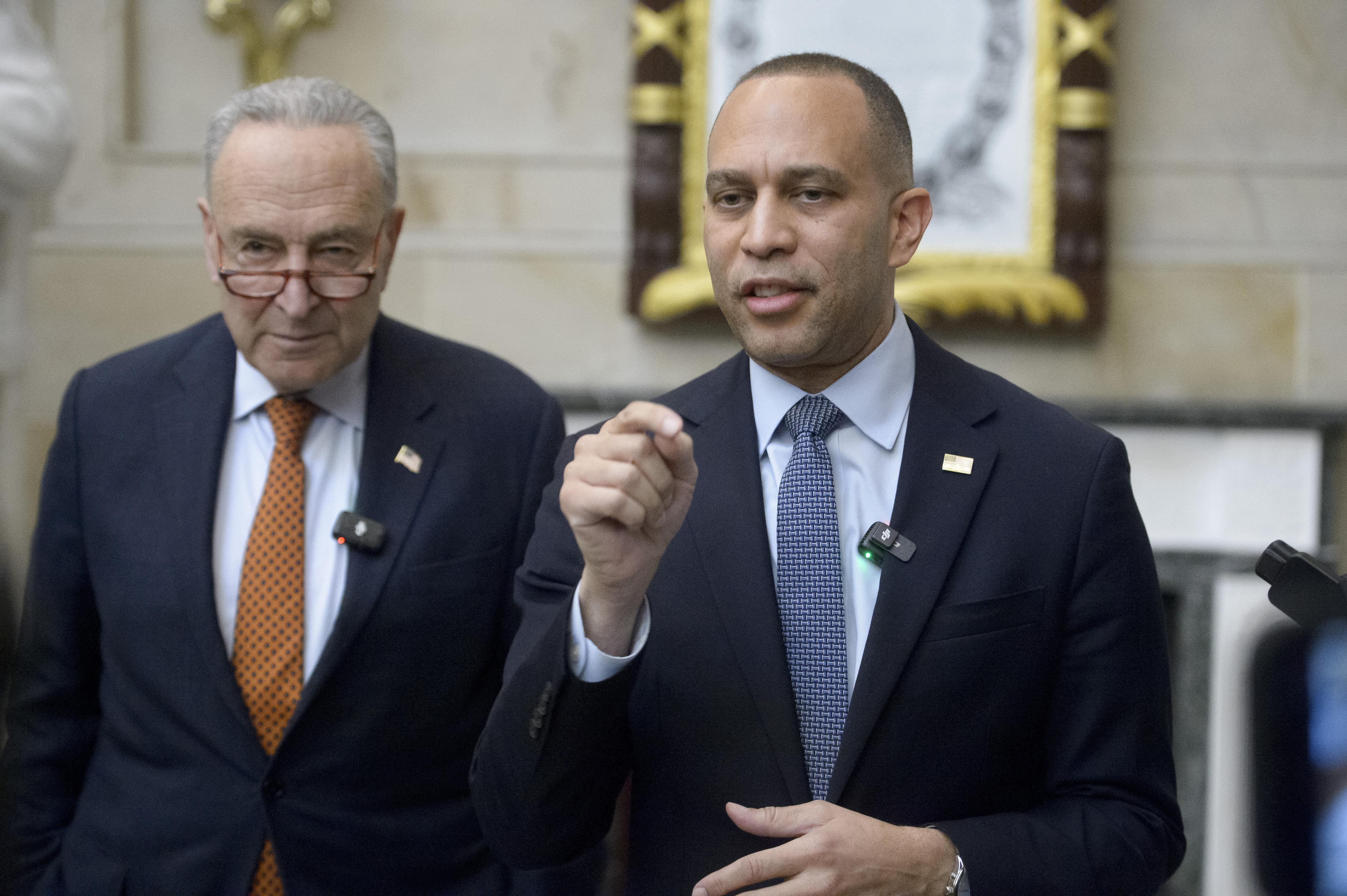 House Minority Leader Hakeem Jeffries, D-N.Y. (right) is joined by Senate Minority Leader Chuck Schumer, D-N.Y., for a press conference in Statuary Hall at the Capitol, Feb. 12, 2025, in Washington.<br />(Rod Lamkey, Jr. / AP Photo)