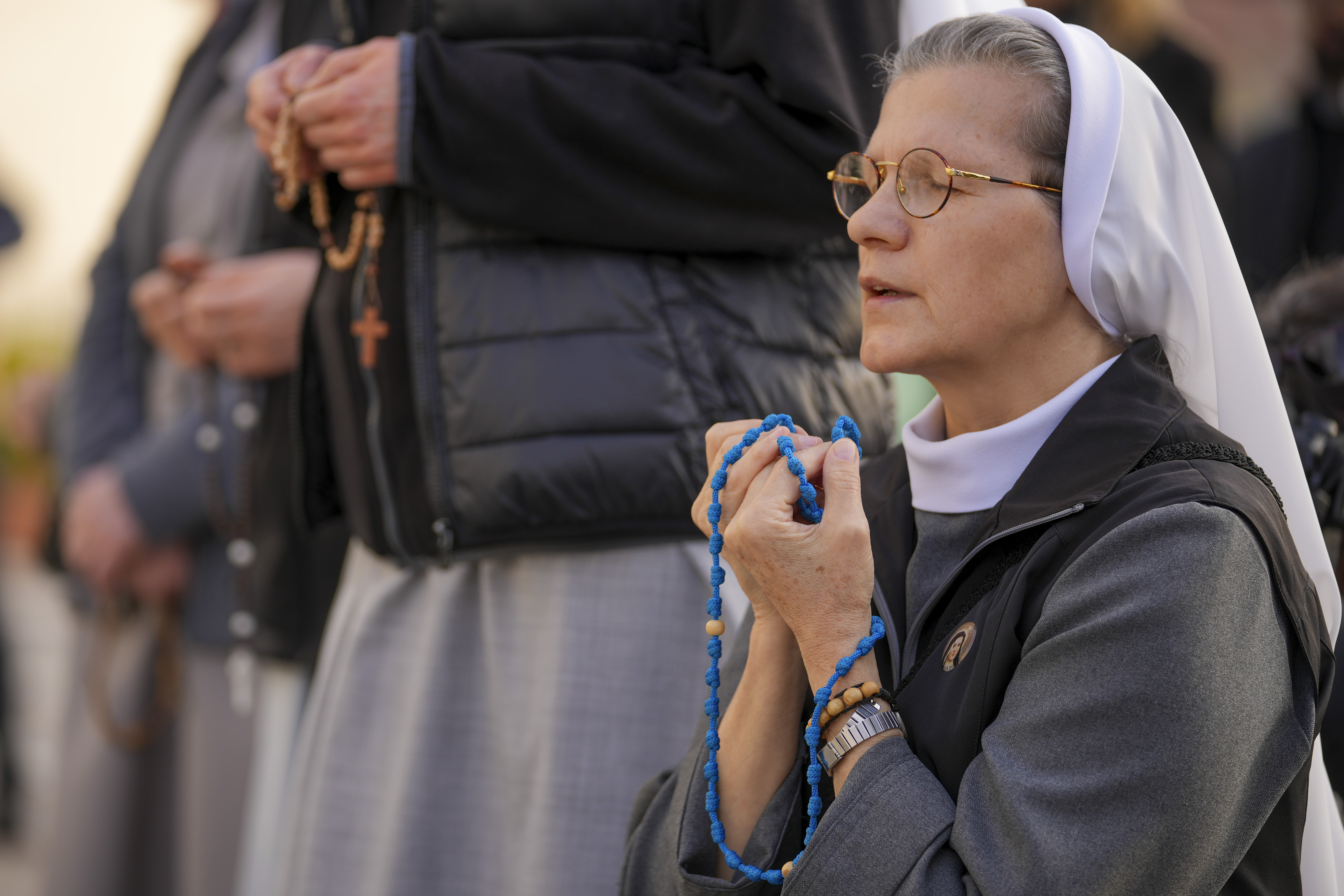 Nuns pray for Pope Francis in front of the Agostino Gemelli Polyclinic, in Rome, Sunday, Feb. 23, 2025, where the Pontiff is hospitalized since Friday, Feb. 14.<br />(Andrew Medichini / AP Photo)