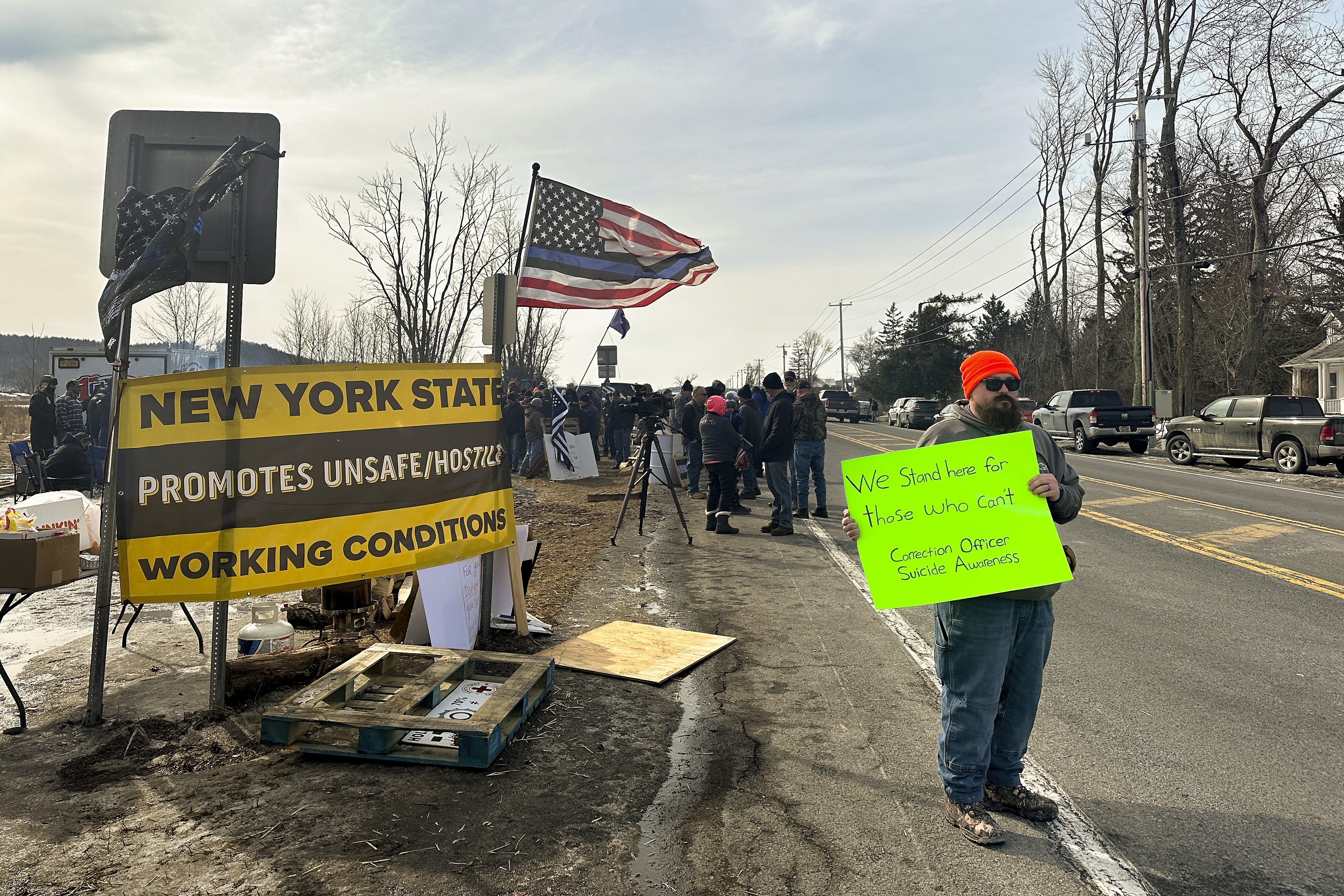 Correctional officers and their supporters strike outside of Coxsackie Correctional Facility in the Hudson Valley, Monday, Feb. 24, 2025, in Coxsackie, N.Y.<br />(Michael Hill / AP Photo)