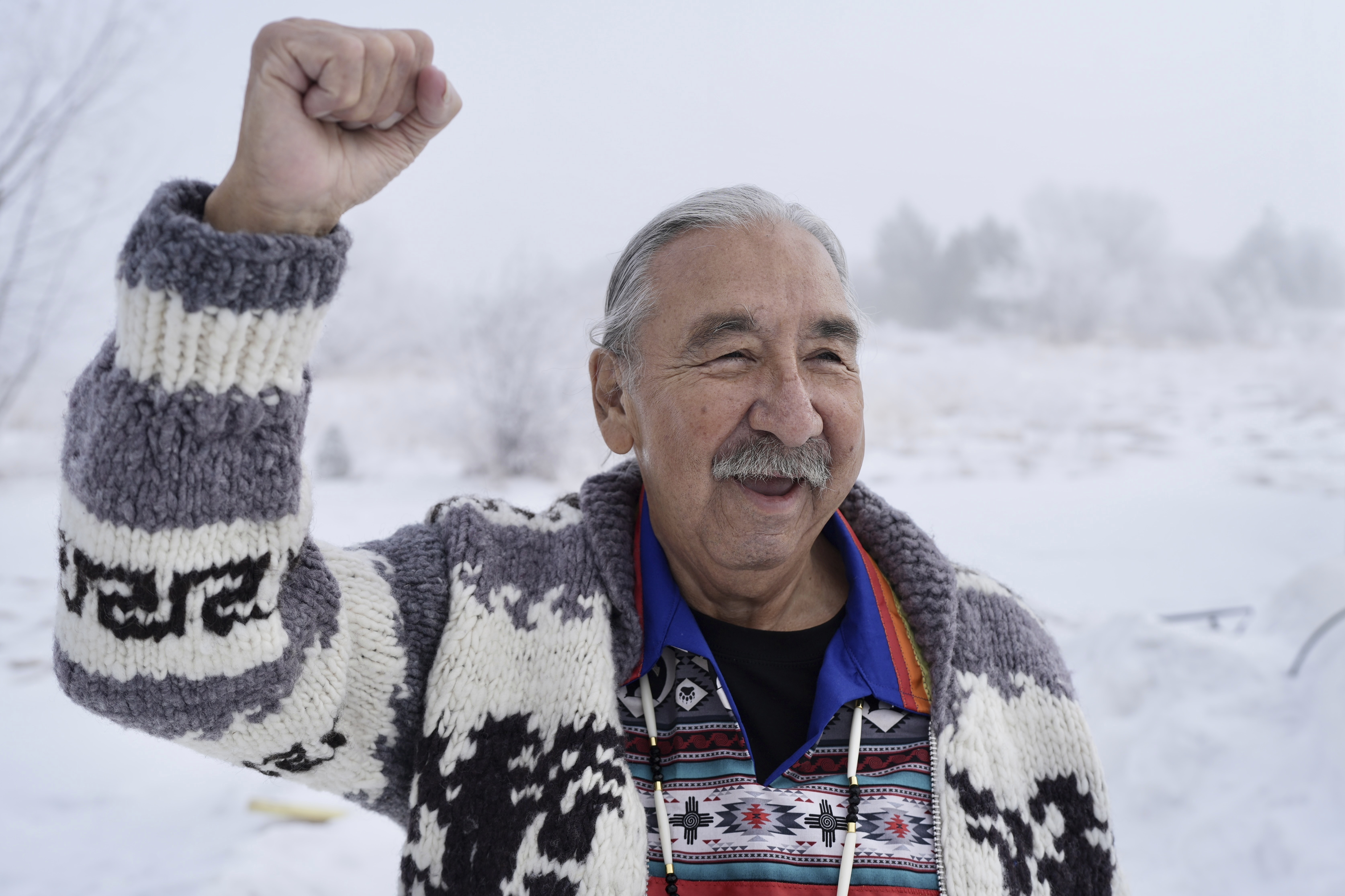 Leonard Peltier stands for a portrait in Belcourt, N.D, on Tuesday, Feb. 25, 2025.<br />(Mark Vancleave / AP Photo)