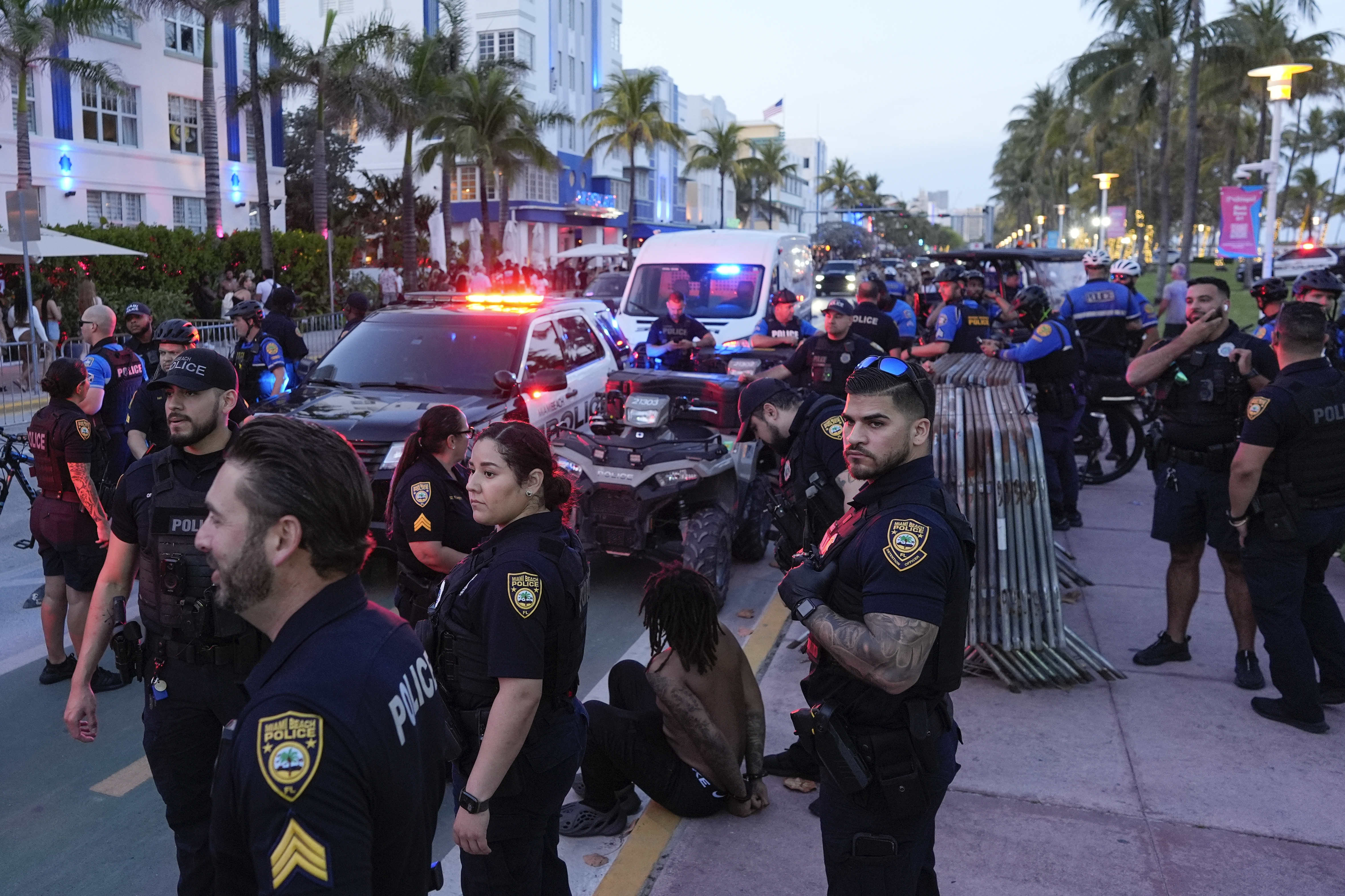 City of Miami Beach police officers respond to an incident during spring break, March 15, 2024, in Miami Beach, Fla.<br />(Rebecca Blackwell / AP Photo)