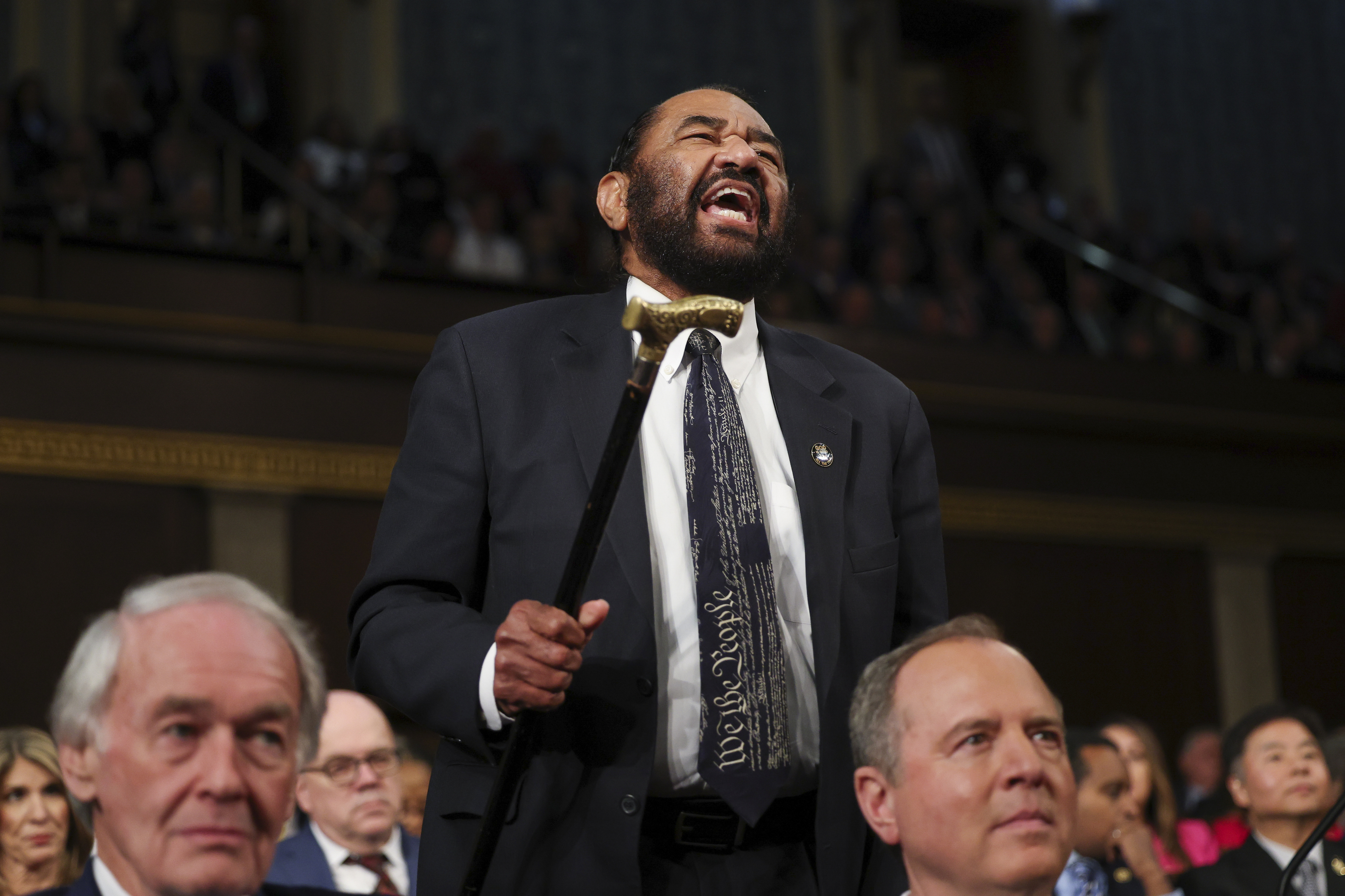 Rep. Al Green, D-Texas, shouts as President Donald Trump addresses a joint session of Congress at the Capitol in Washington, Tuesday, March 4, 2025.<br />(Win McNamee / Pool Photo via AP)