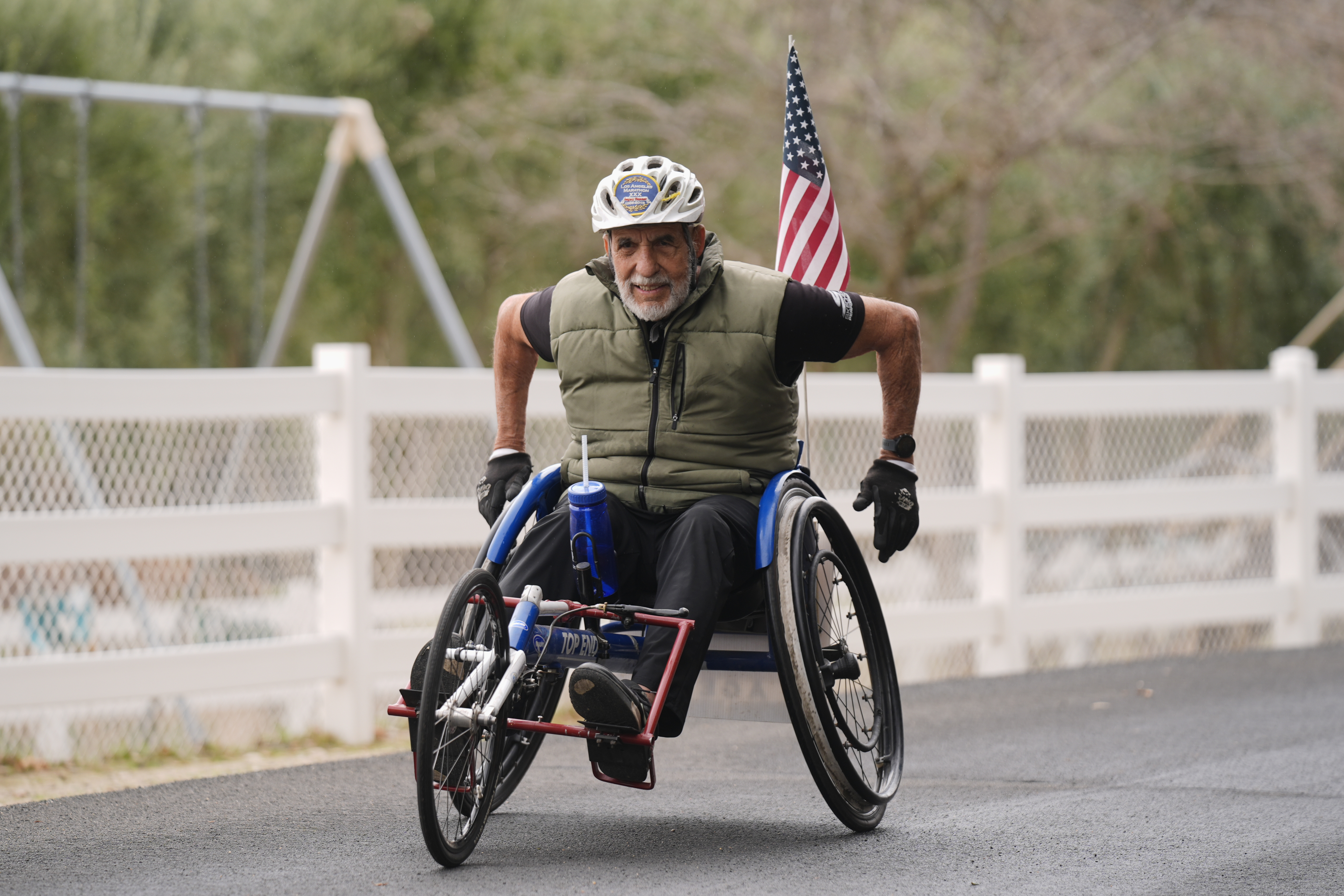 Rick Bingham, 87 trains for the LA Marathon on a wheelchair on his ranch in Lake Elsinore, Calif., Tuesday, March 11, 2025.<br />(Damian Dovarganes / AP Photo)