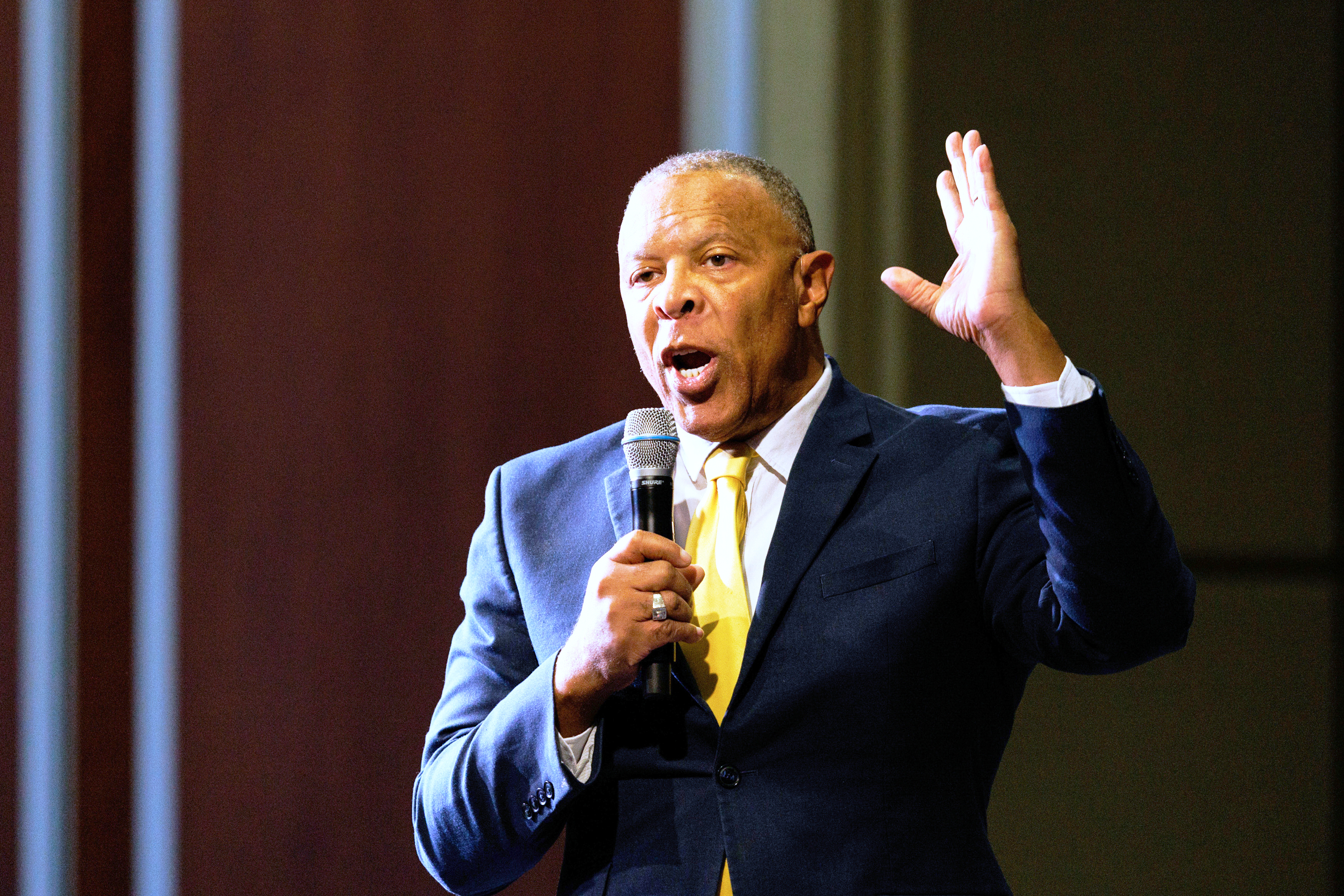 John Ewing Jr. speaks during a town hall with Minnesota Gov. Tim Walz at Metro Community College in Omaha, on Saturday, March 15, 2025.<br />(Nikos Frazier / Omaha World-Herald via AP)