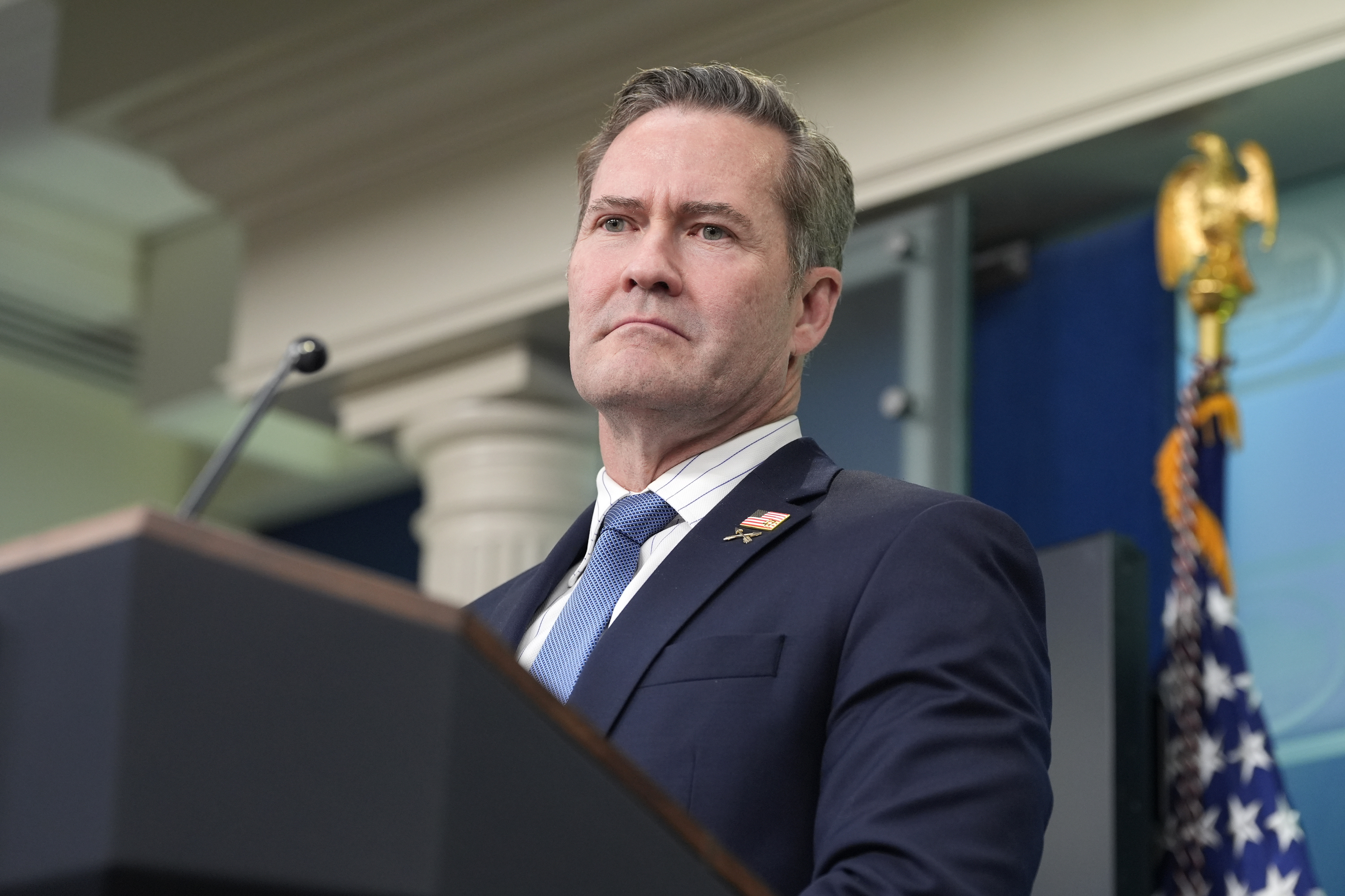 White House National Security Adviser Mike Waltz listens to a question from a reporter in the James Brady Press Briefing Room at the White House in Washington, Feb. 20, 2025.<br />(Alex Brandon / AP Photo)