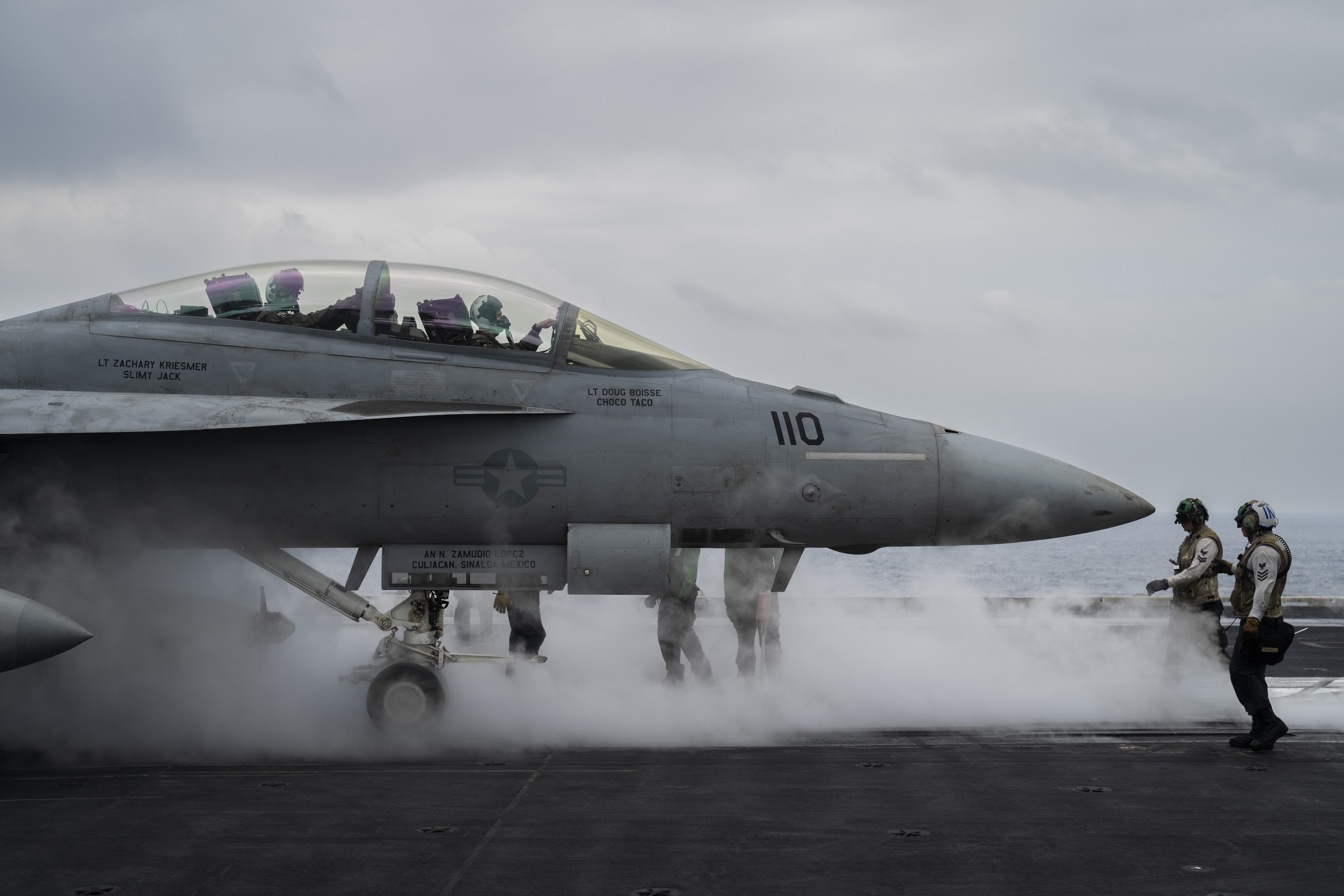 F/A-18F Super Hornet fighter jet takes off from the aircraft carrier U.S.S. Dwight D. Eisenhower, also known as the &#039;IKE&#039;, in the south Red Sea, Tuesday, Feb. 13, 2024.<br />(Bernat Armangue / AP Photo)