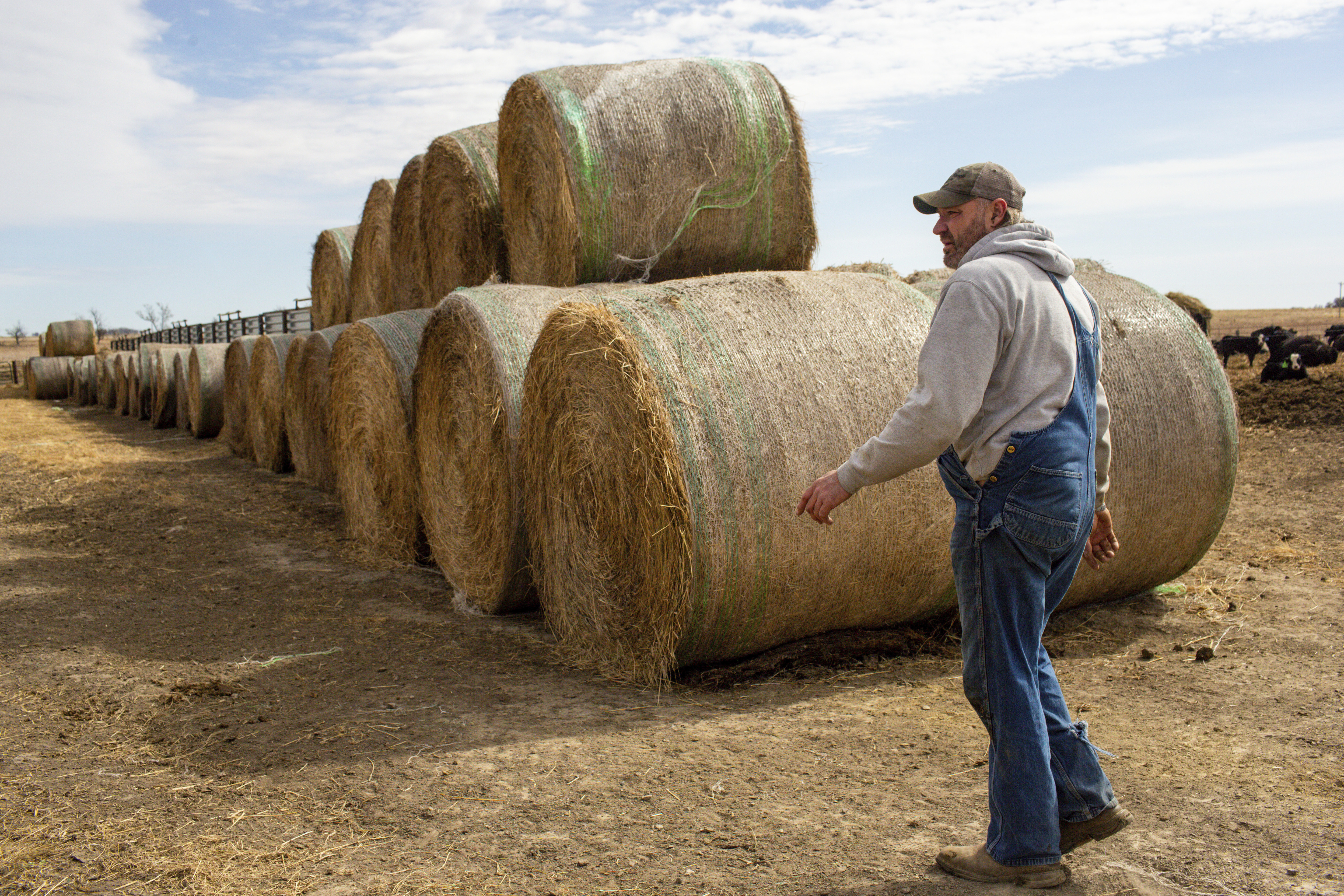 Jared Bossly walks past feed on his ranch in Mansfield, S.D., on Tuesday, March 11, 2025, in one of the counties that a proposed Summit Carbon Solutions pipeline would cut through.<br />(Nicole Neri / AP Photo)