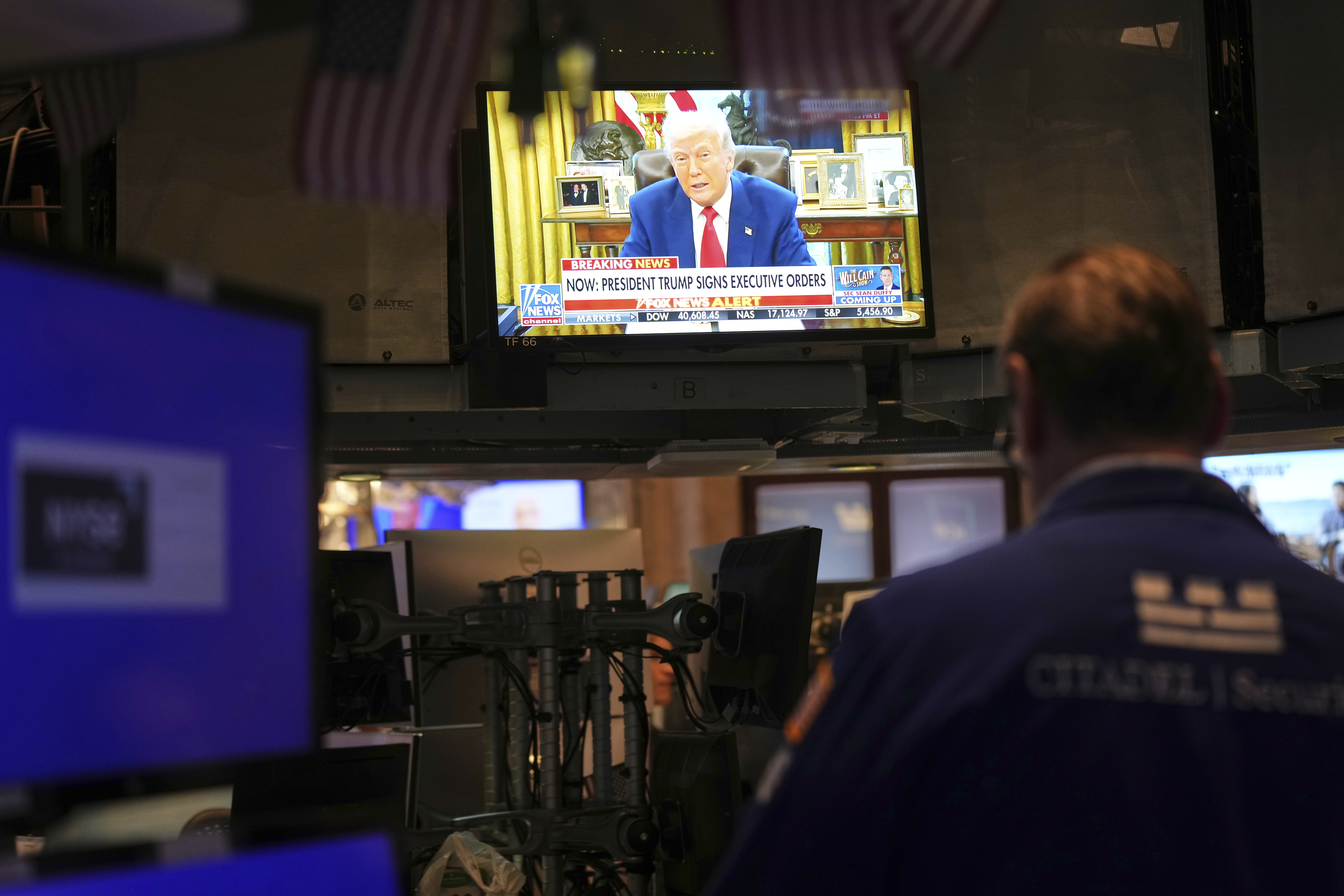 President Donald Trump is displayed on a television on the floor at the New York Stock Exchange in New York, Wednesday, April 9, 2025.<br />(Seth Wenig / AP Photo)