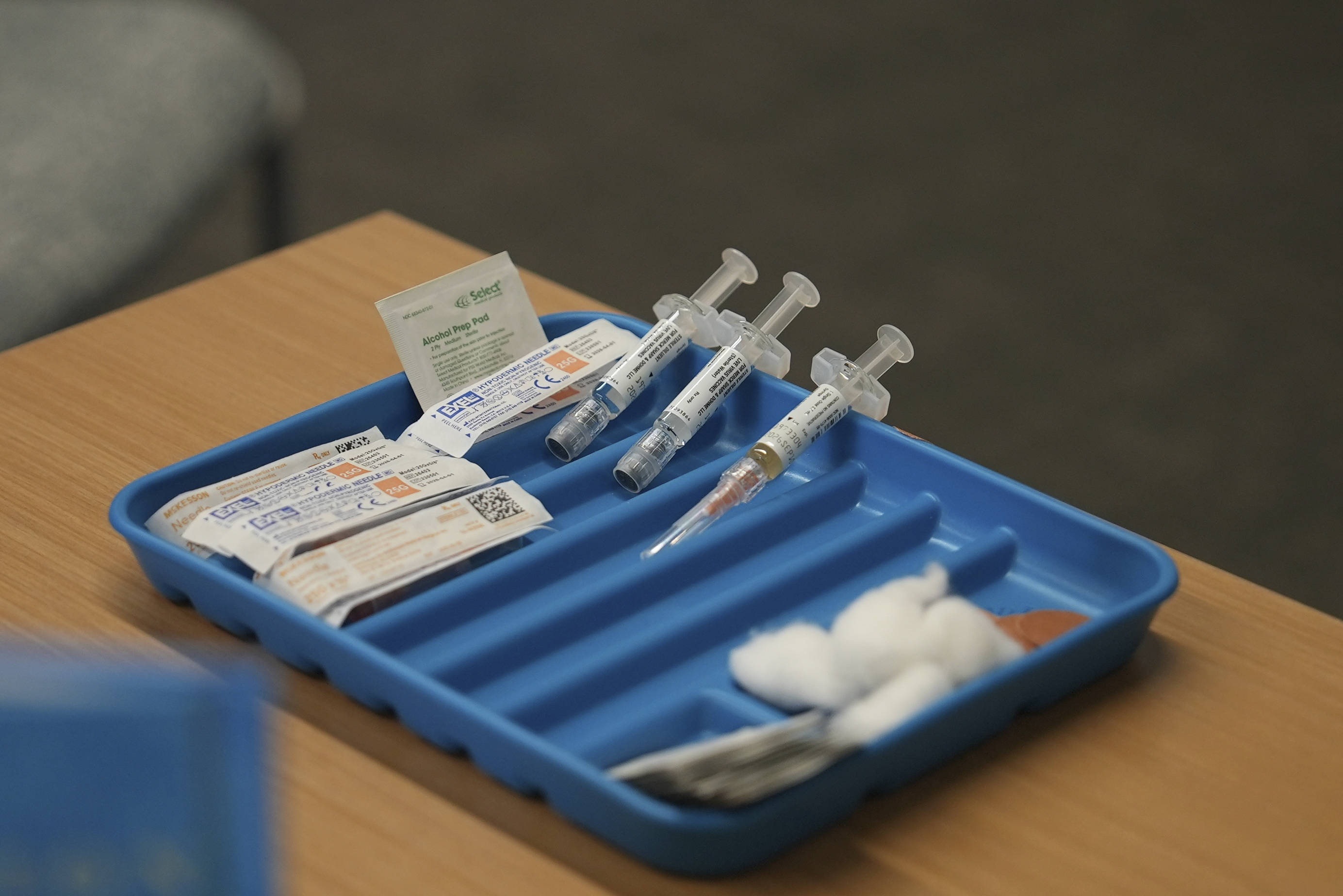 Syringes are prepared for the measles, mumps and rubella vaccine at a clinic in Lubbock, Texas, on Feb. 26, 2025.<br />(Mary Conlon / AP Photo)