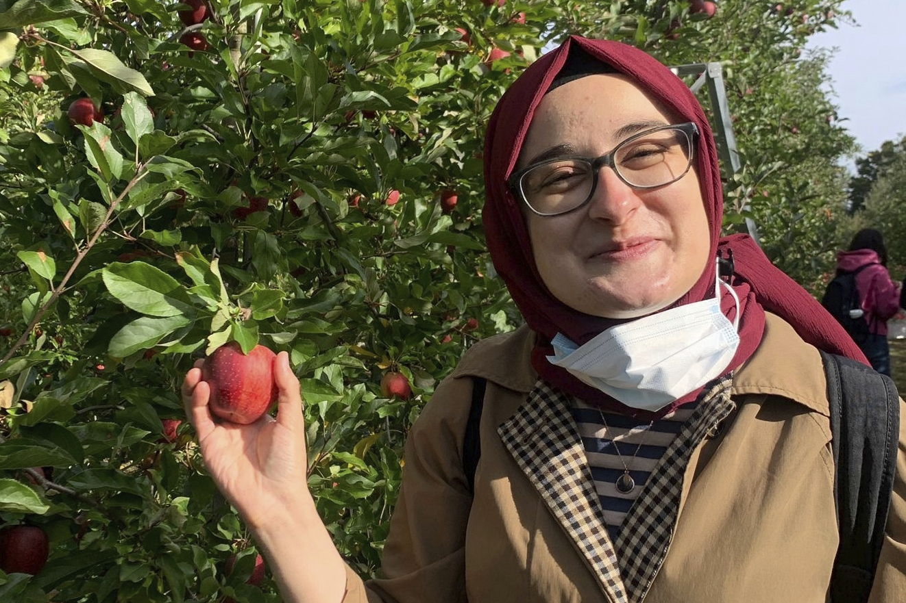 This contributed photo shows Rumeysa Ozturk on an apple-picking trip in 2021.<br />(AP Photo)