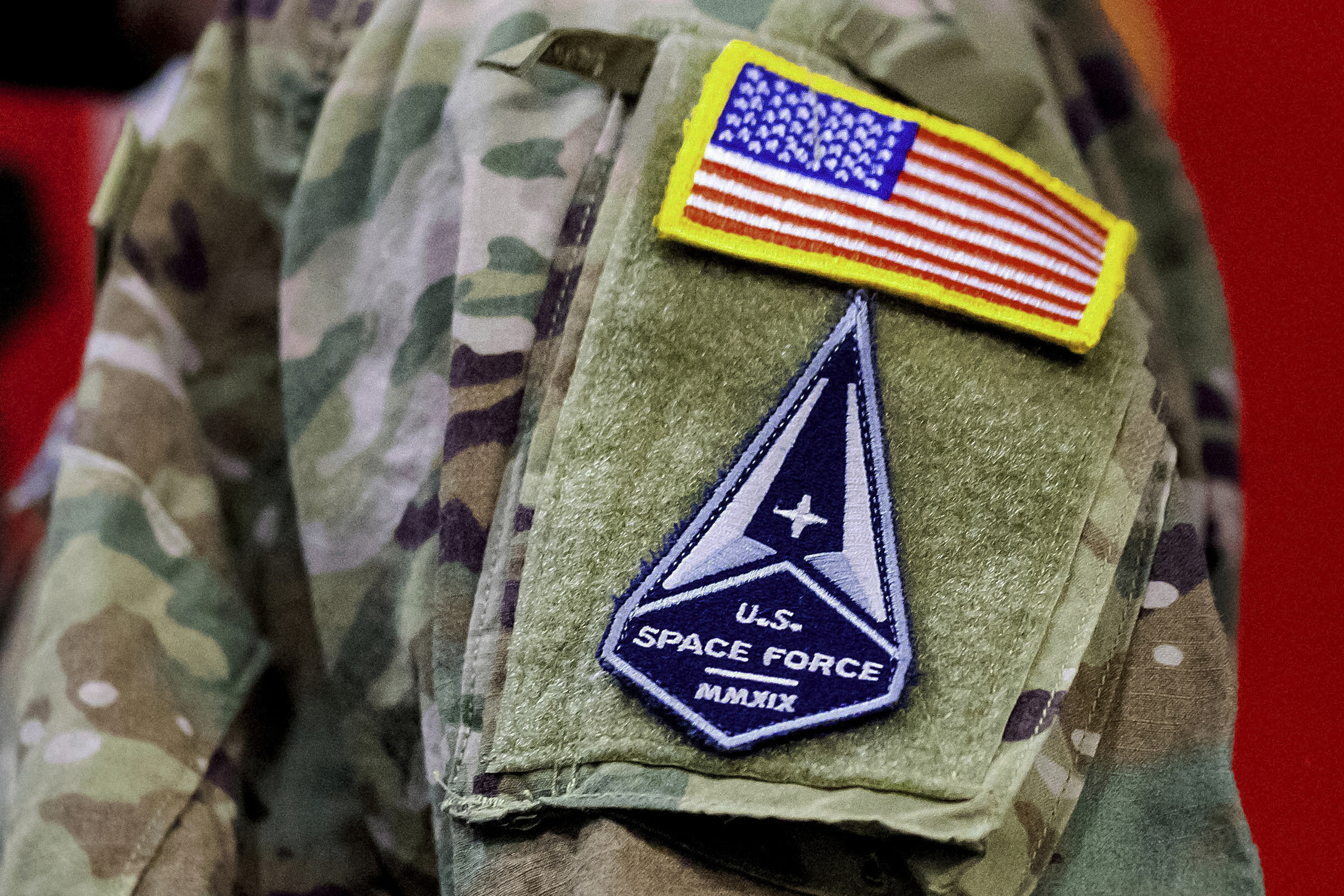 A solider wears a U.S. Space Force uniform during a ceremony for U.S. Air Force airmen transitioning to U.S. Space Force guardian designations at Travis Air Force Base, Calif., Feb. 12, 2021.<br />(Noah Berger / AP Photo)