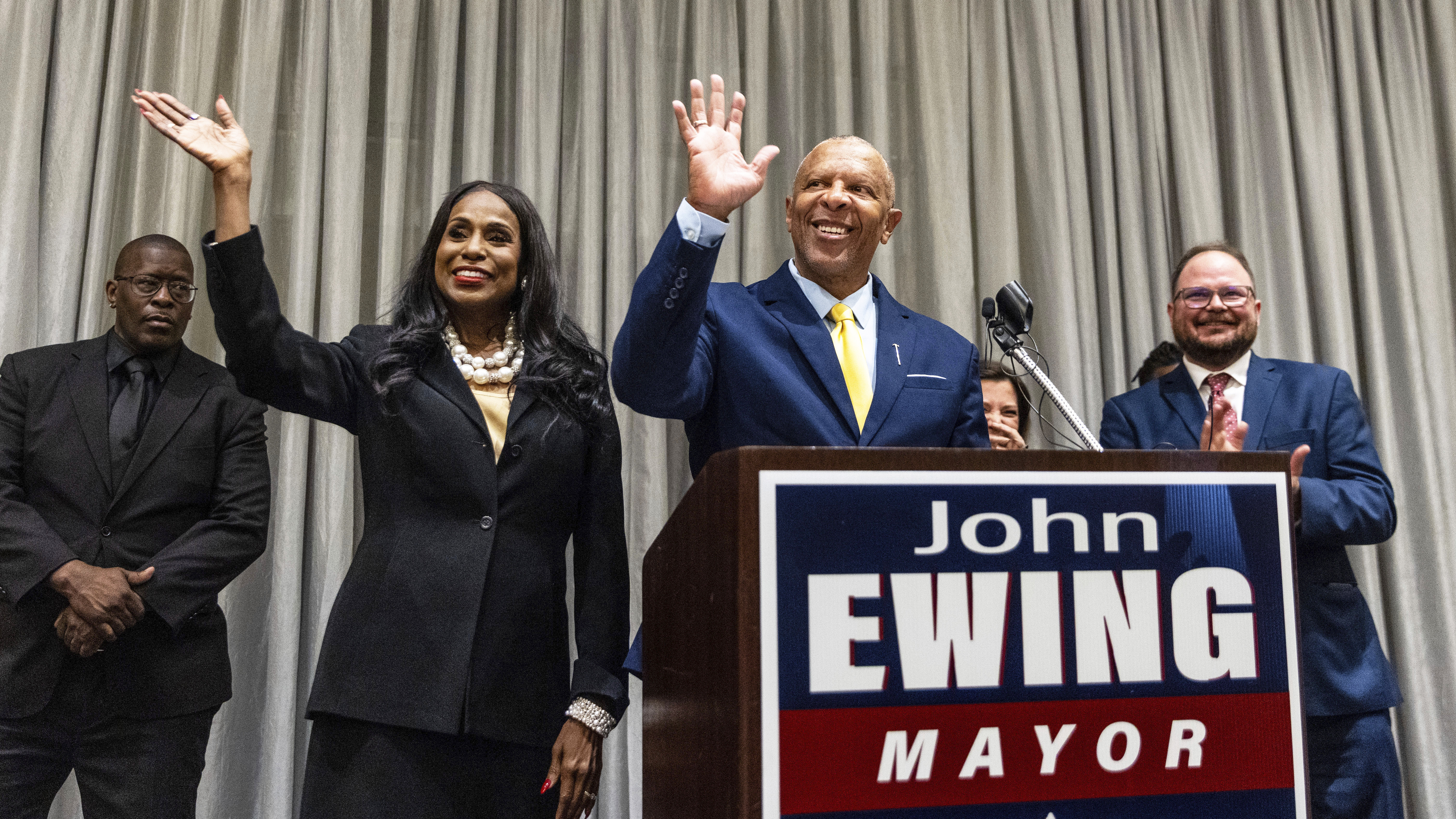 John Ewing gives his victory speech after winning the election for Omaha mayor at the downtown Hilton in Omaha, Neb., Tuesday, May 13, 2025.<br />(Chris Machian / Omaha World-Herald via AP)