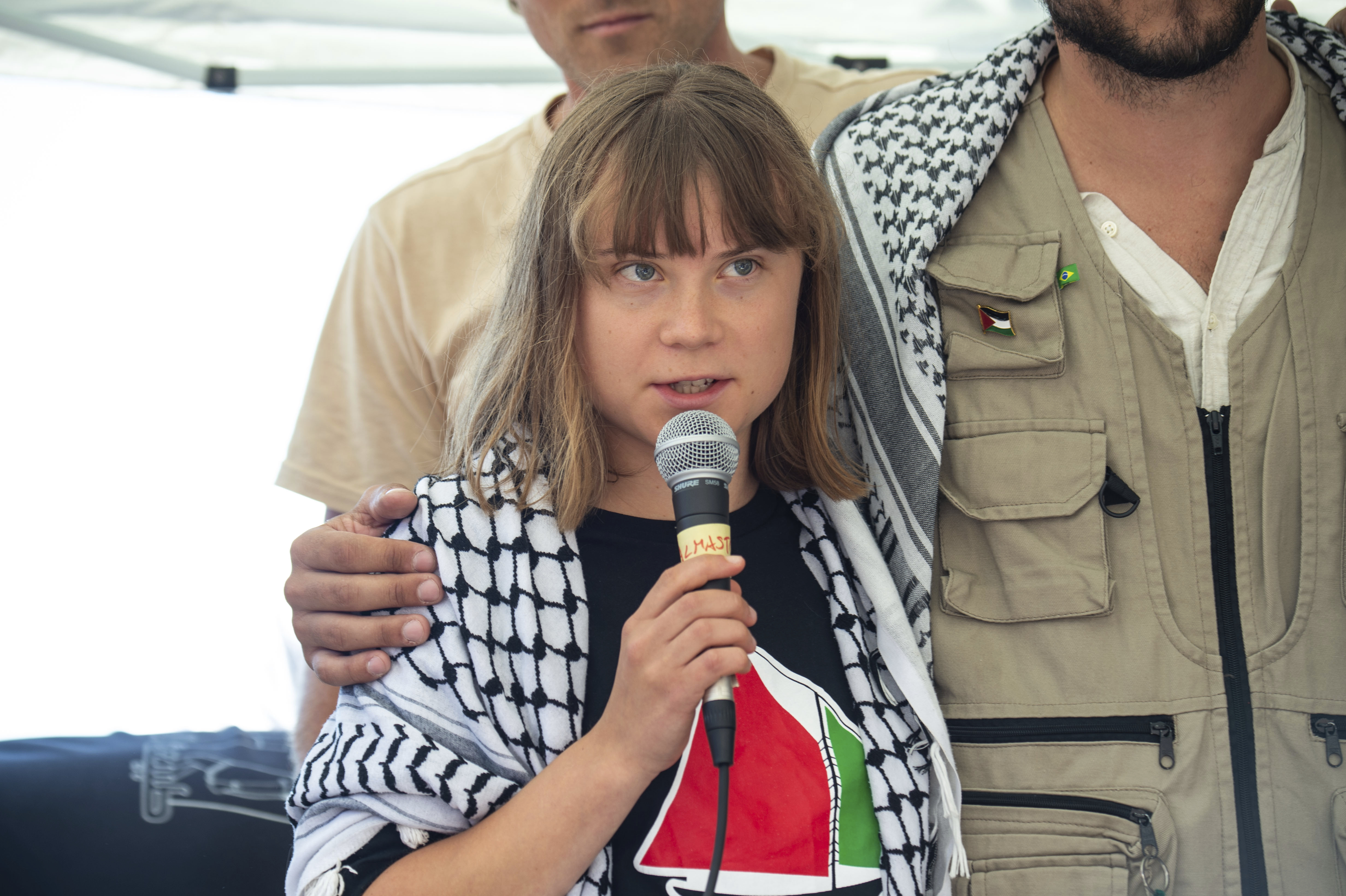 Climate activist Greta Thunberg with other activists from a human rights organization meets with journalists in Catania, Italy, Sunday, June 1, 2025, ahead of their departure for the Mideast.<br />(Salvatore Cavalli / AP Photo)