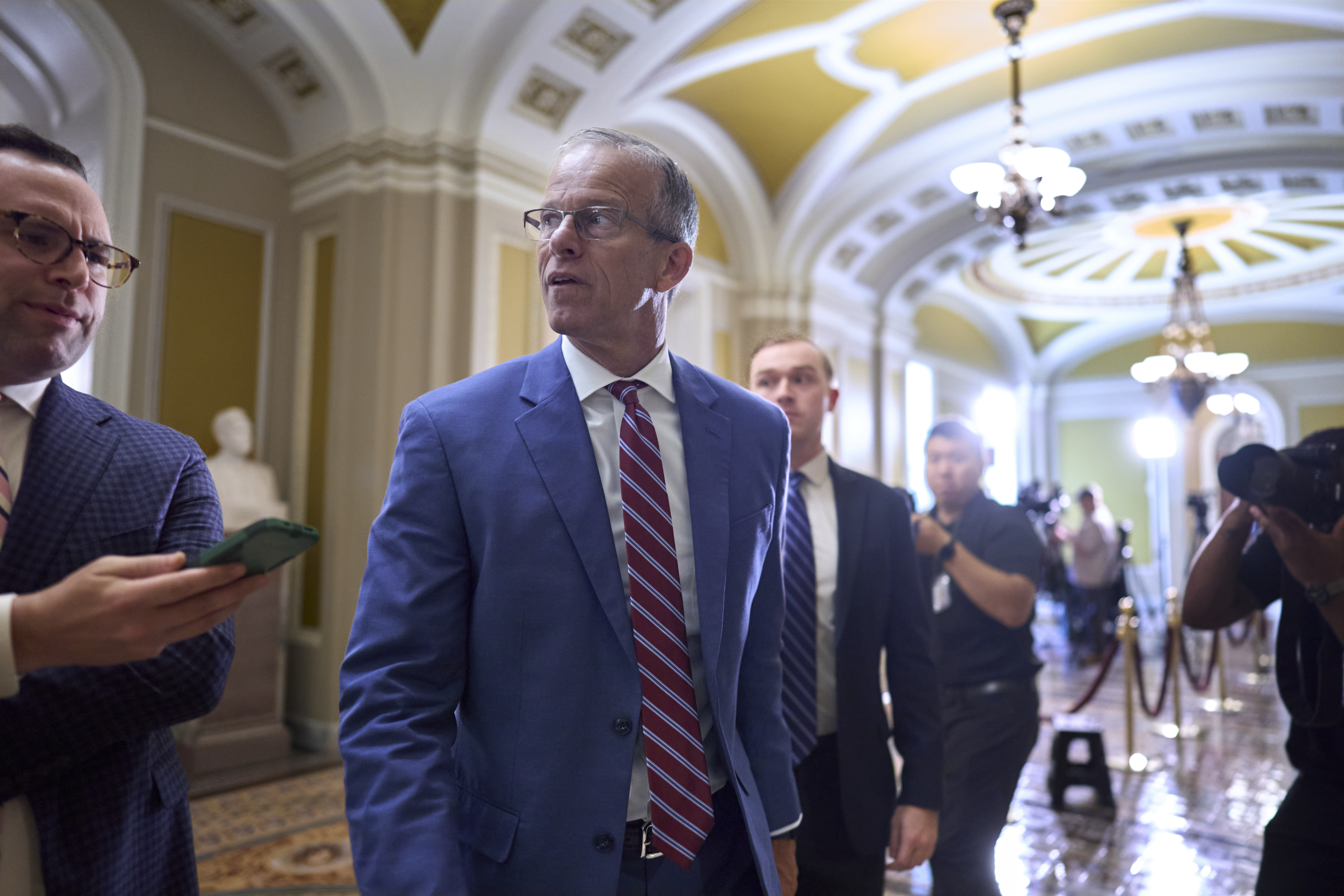 Senate Majority Leader John Thune, R-S.D., arrives for a vote as Republicans work to advance President Donald Trump&#039;s spending and tax bill, at the Capitol in Washington, Tuesday, June 3, 2025.<br />(J. Scott Applewhite / AP Photo)