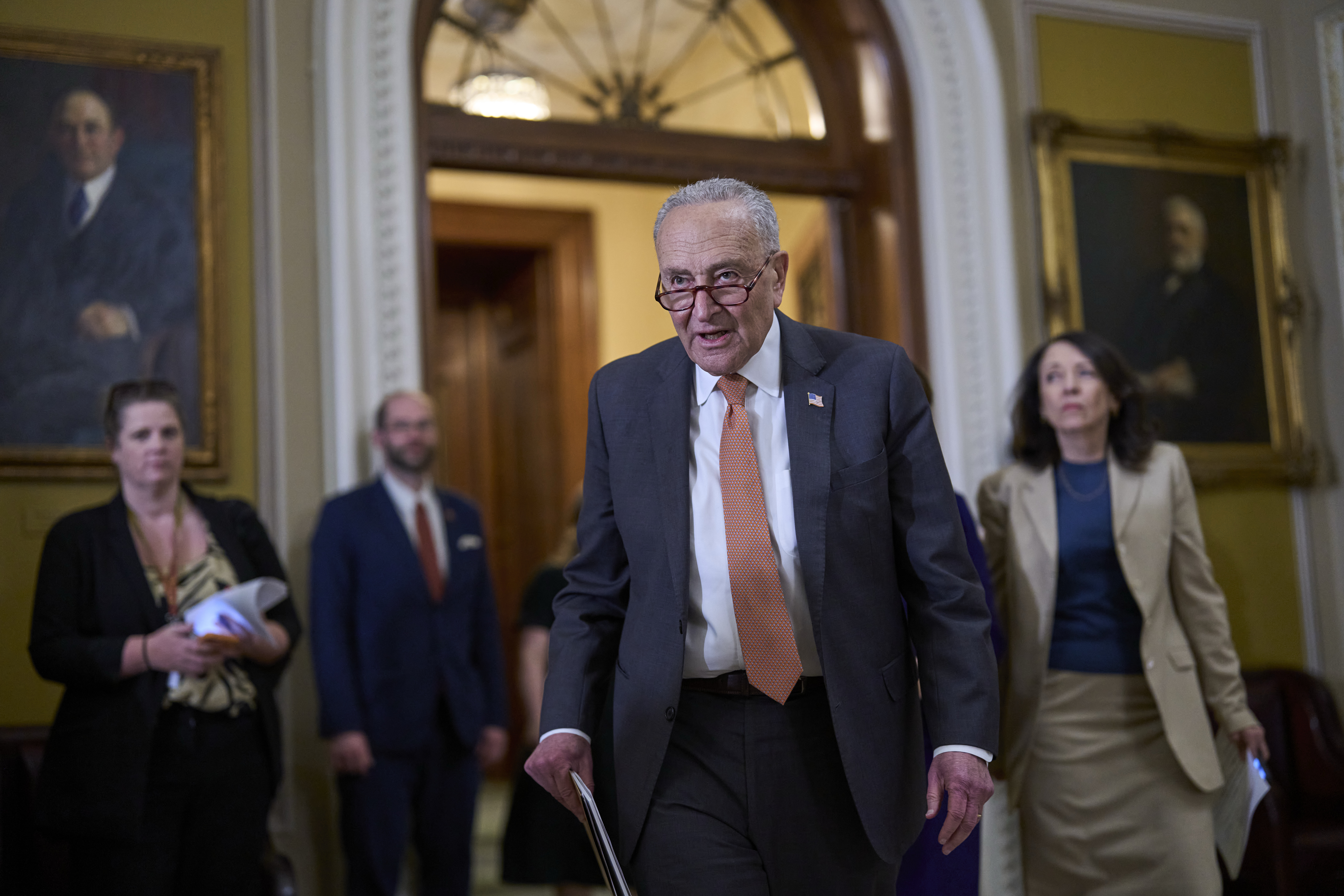 Senate Minority Leader Chuck Schumer, D-N.Y., arrives for a news conference where he commented on Elon Musk&#039;s criticism of President Donald Trump&#039;s spending and tax bill, at the Capitol in Washington, Tuesday, June 3, 2025.<br />(J. Scott Applewhite / AP Photo)