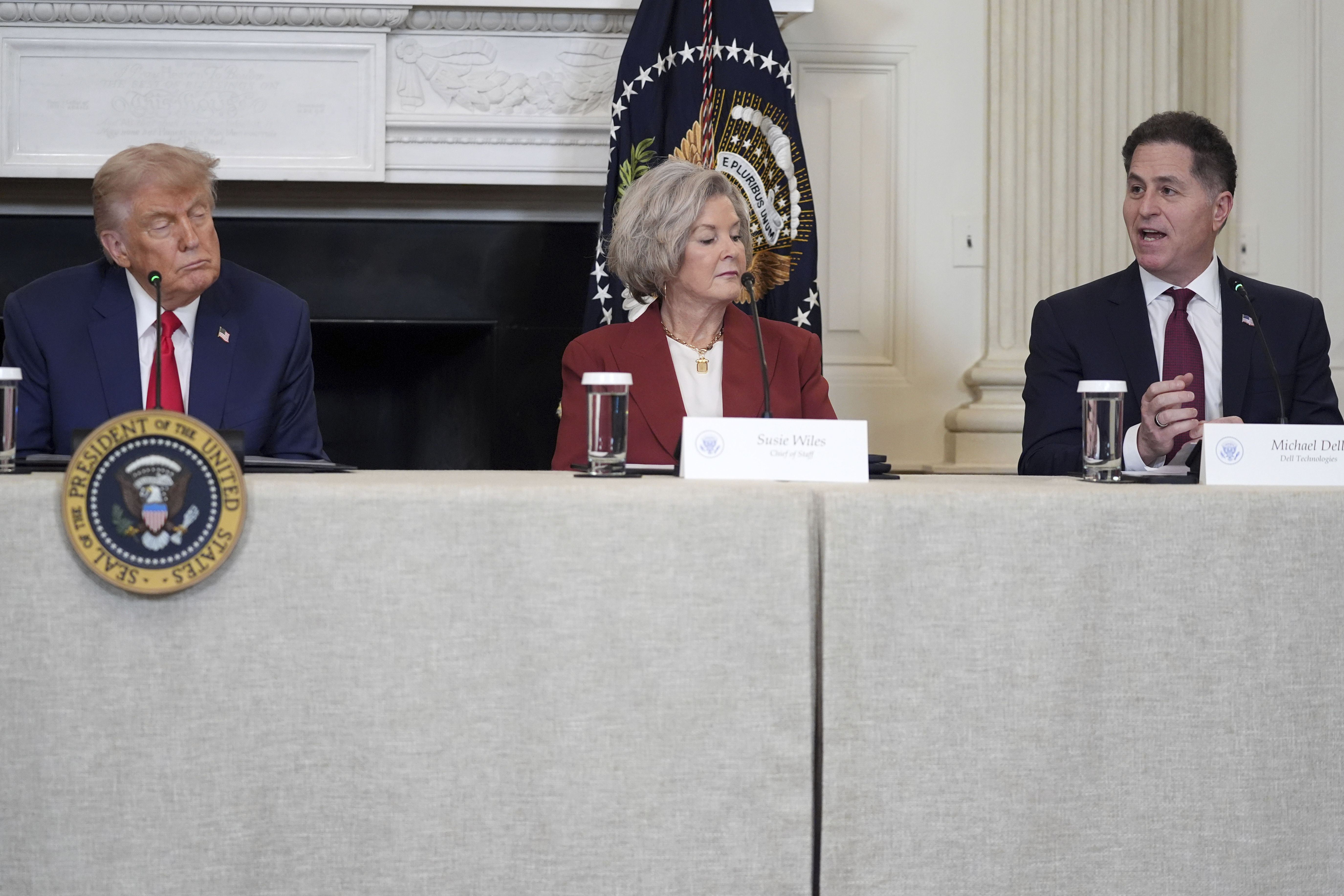 Dell Technologies CEO Michael Dell (from right) speaks as White House Chief of Staff Susie Wiles and President Donald Trump listen at an &quot;Invest in America&quot; roundtable with business leaders at the White House, Monday, June 9, 2025, in Washington.<br />(Evan Vucci / AP Photo)