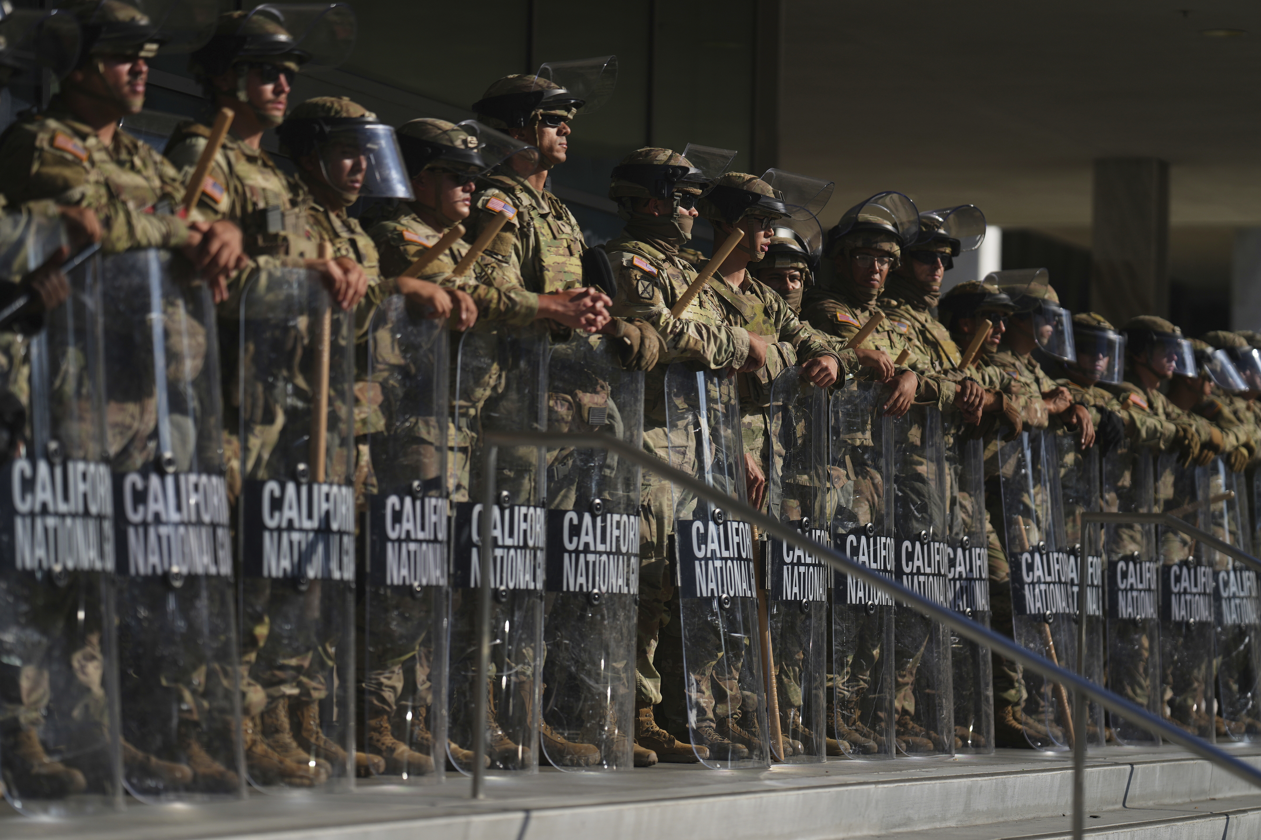 California National Guard are positioned at the Federal Building on Tuesday, June 10, 2025, in downtown Los Angeles.<br />(Eric Thayer / AP Photo)