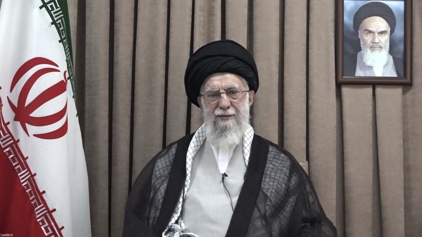 This photo released on Wednesday, June 18, 2025, by the official website of the office of the Iranian supreme leader, shows Supreme Leader Ayatollah Ali Khamenei in a televised speech, under a portrait of the late revolutionary founder Ayatollah Khomeini.<br />(Office of the Iranian Supreme Leader via AP)