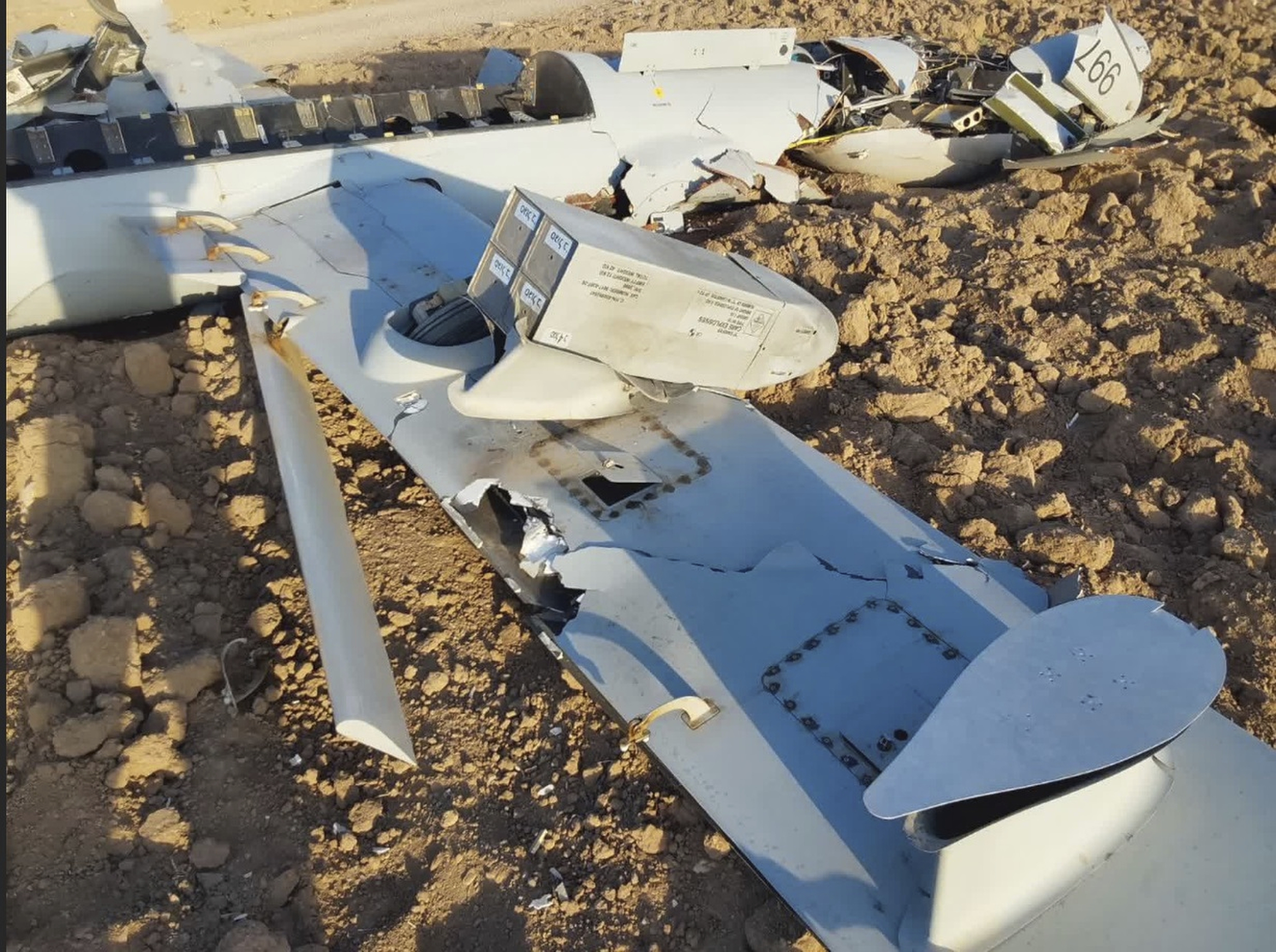 This picture released on Wednesday, June 18, 2025, by the Iranian armed forces claims to show an Israeli drone after being targeted in the central city of Isfahan area, Iran.<br />(Iranian Armed Forces via AP)