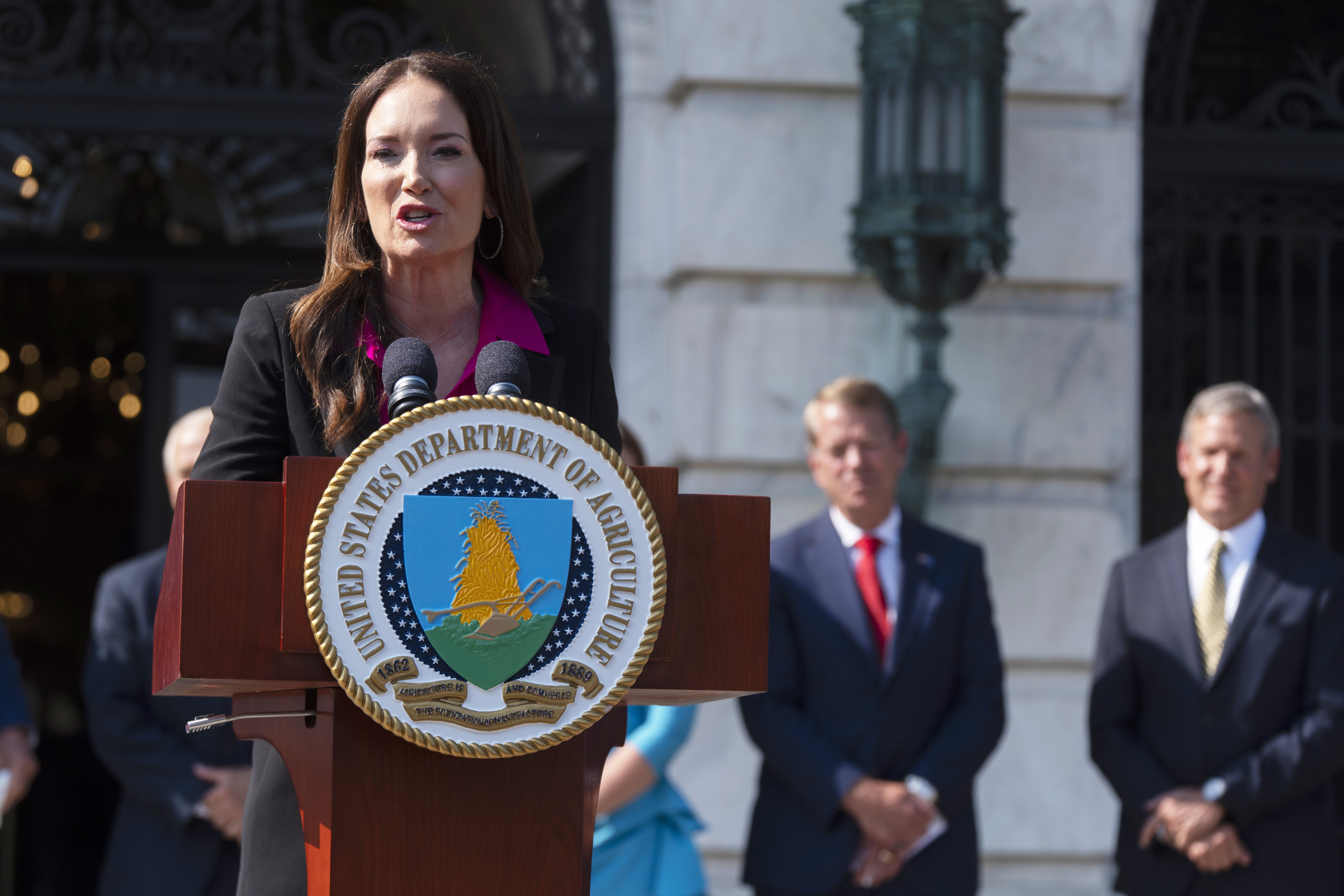 Agriculture Secretary Brooke Rollins with Nebraska Gov. Jim Pillen, speaks during a news conference at the Department of Agriculture in Washington, Tuesday, July 8, 2025.<br />(Manuel Balce Ceneta / AP Photo)