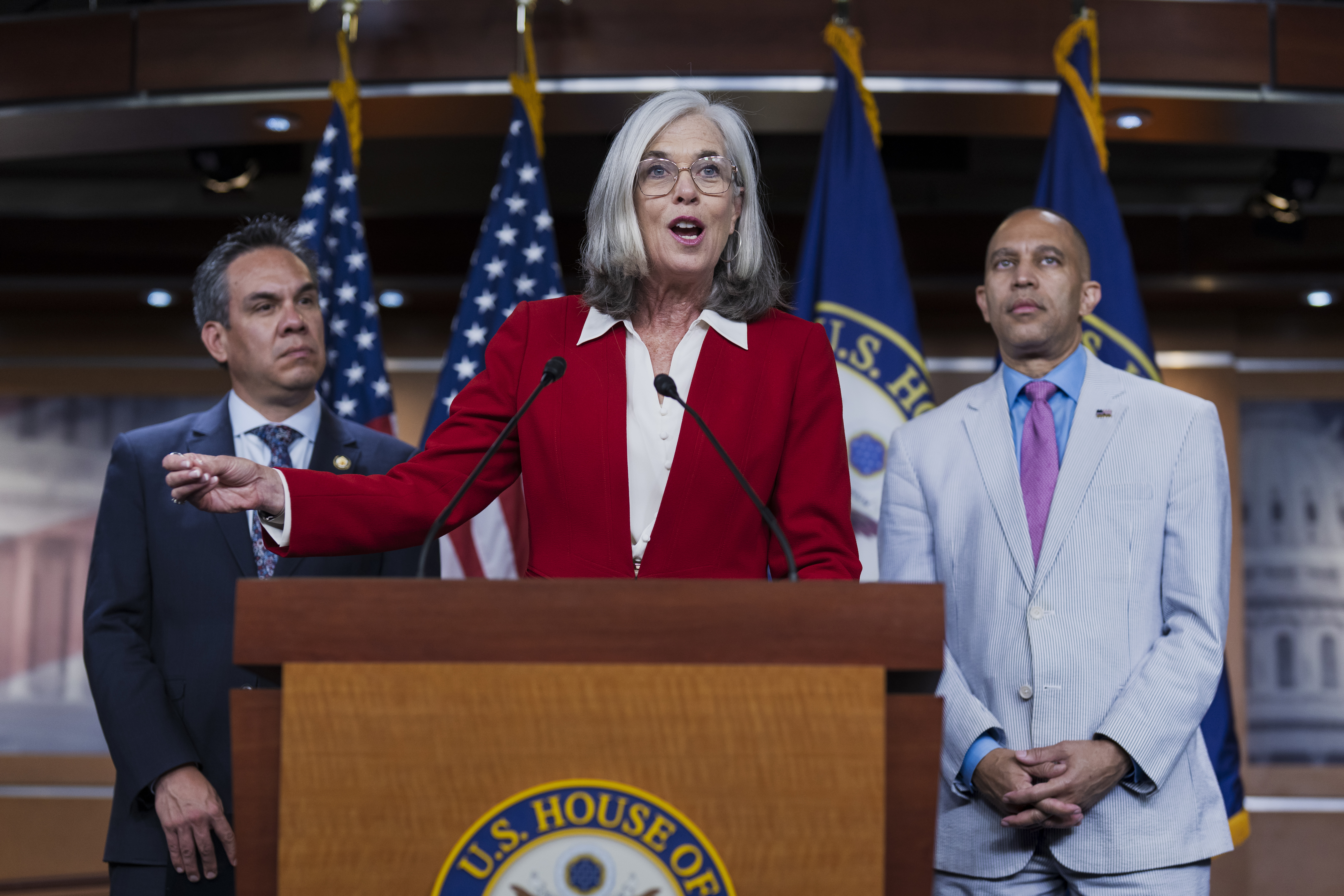 Rep. Katherine Clark, D-Mass., the House minority whip (center).<br />(J. Scott Applewhite / AP Photo)