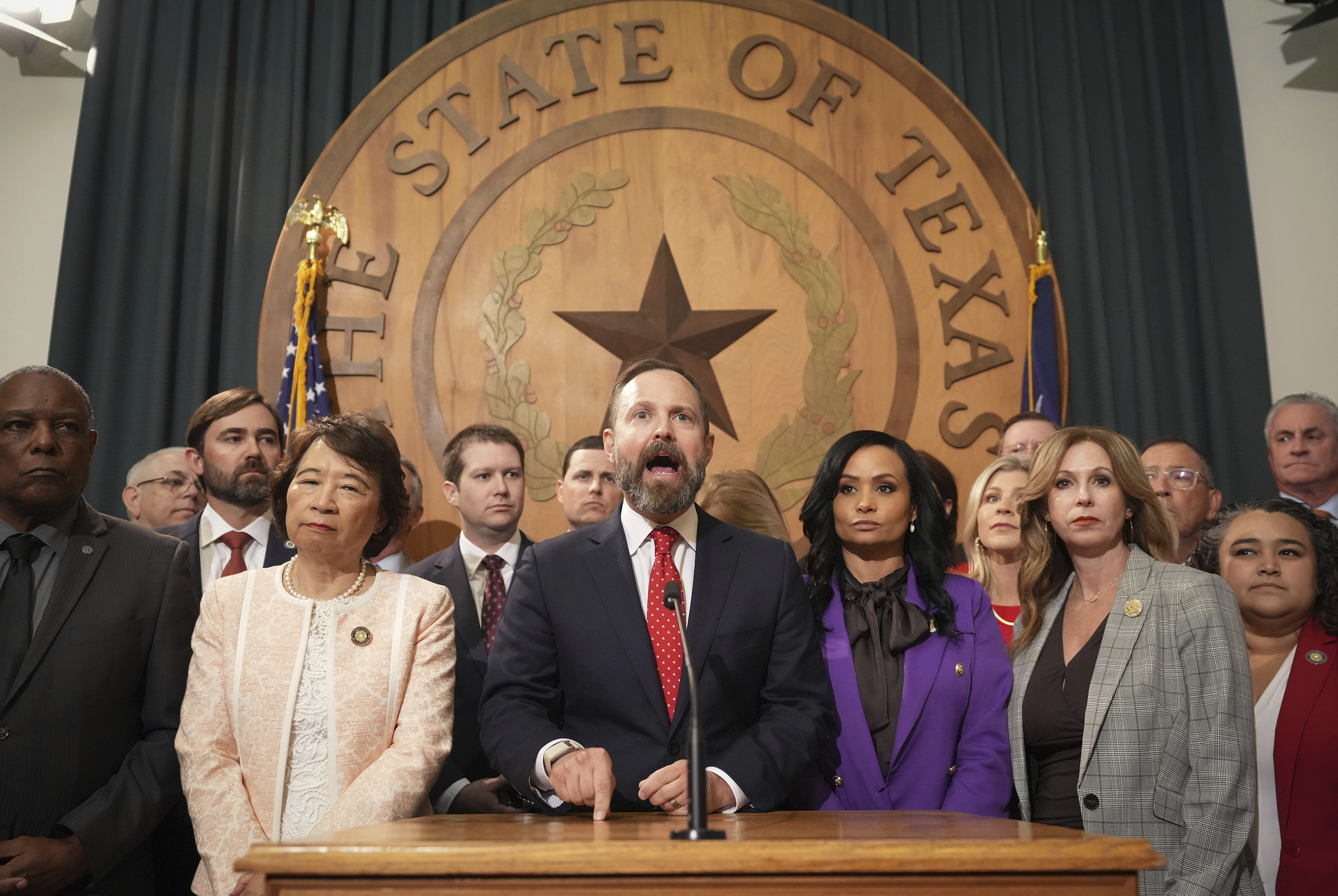 Speaker of the House Rep. Dustin Burrows speaks at a news conference at the Capitol in Austin, Texas, Monday, Aug. 4, 2025, after dozens of Democrats left the state, and the Republican-dominated House was unable Monday to establish the quorum of lawmakers required to do business.<br /> (Jay Janner / Austin American-Statesman via AP)