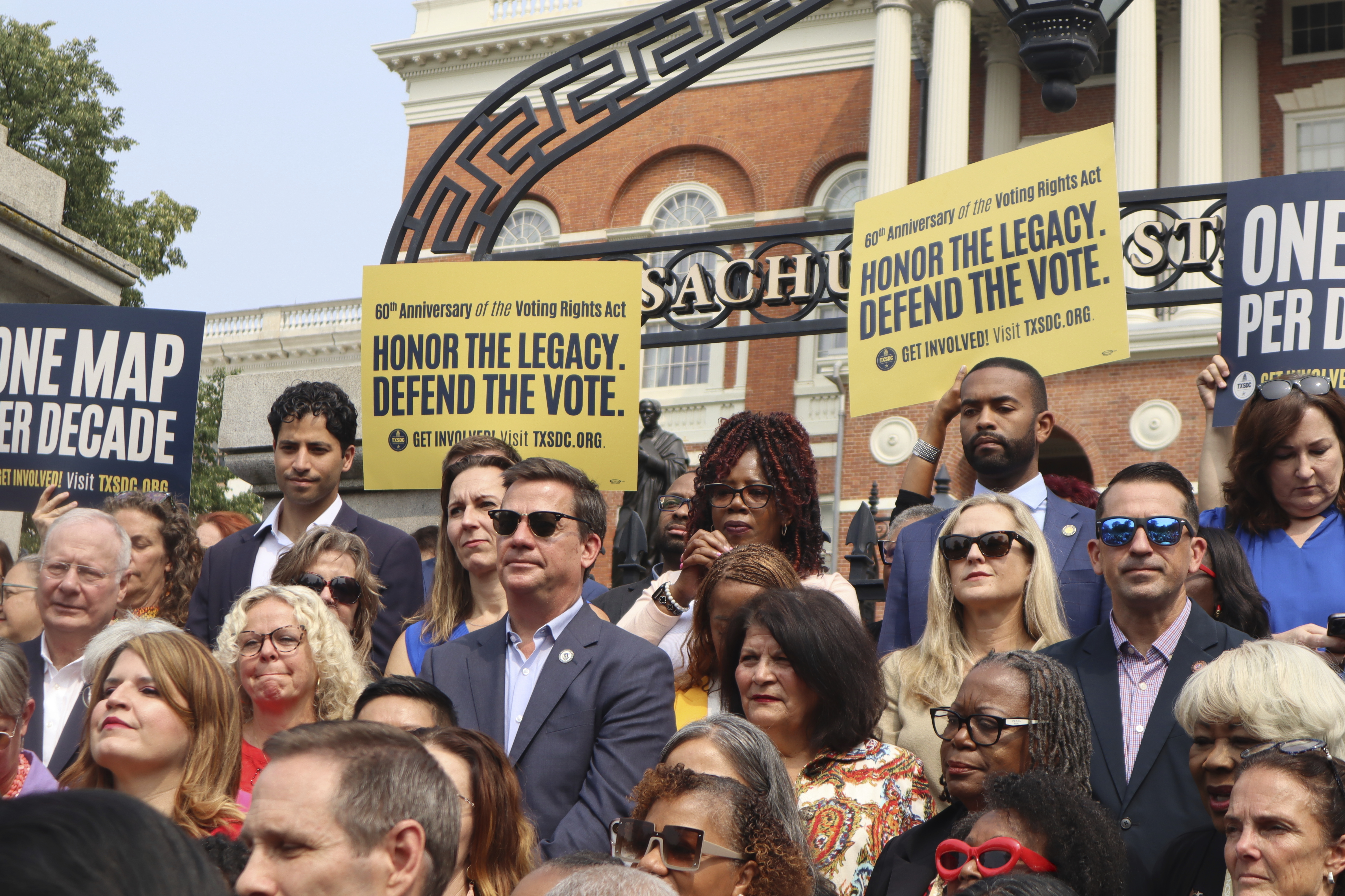 Democratic state lawmakers from across the U.S. and their supporters protest outside the Massachusetts State House on Wednesday, Aug. 6, 2025 in Boston.<br />(Leah Willingham / AP Photo)