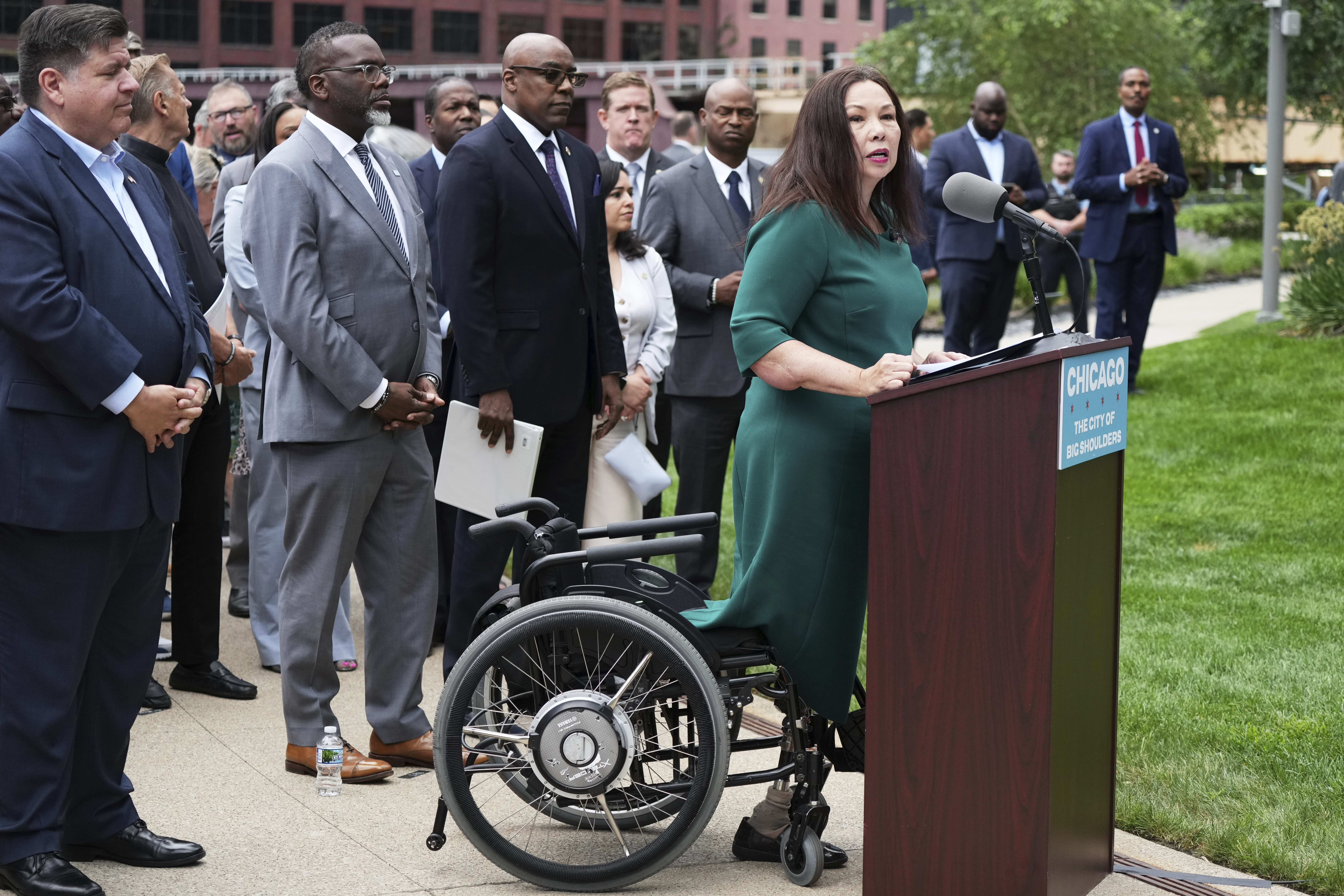 Sen. Tammy Duckworth, D-Ill., speaks during a news conference at River Point Park, Monday, Aug. 25, 2025, in Chicago.<br />(Nam Y. Huh / AP Photo)