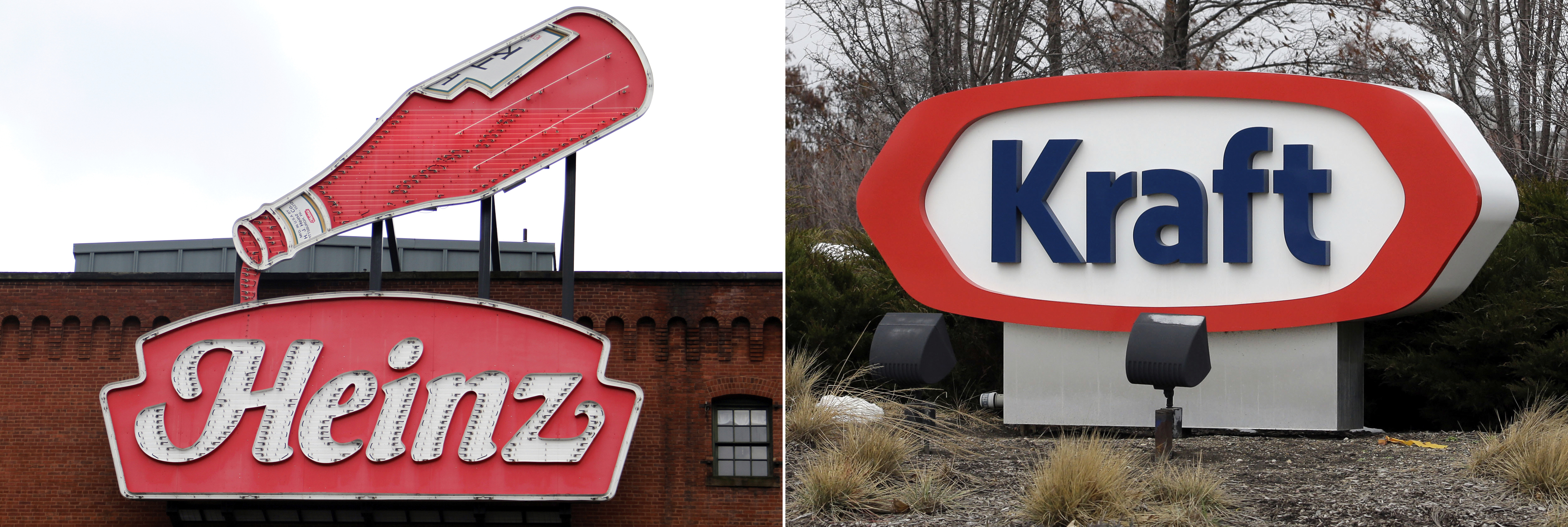 At left, March 25, 2015, a Heinz ketchup sign is shown on the side of the Senator John Heinz History Center in Pittsburgh. At right, also on March 25, 2015, the Kraft logo appears outside of their headquarters in Northfield, Ill.<br />(AP Photo)
