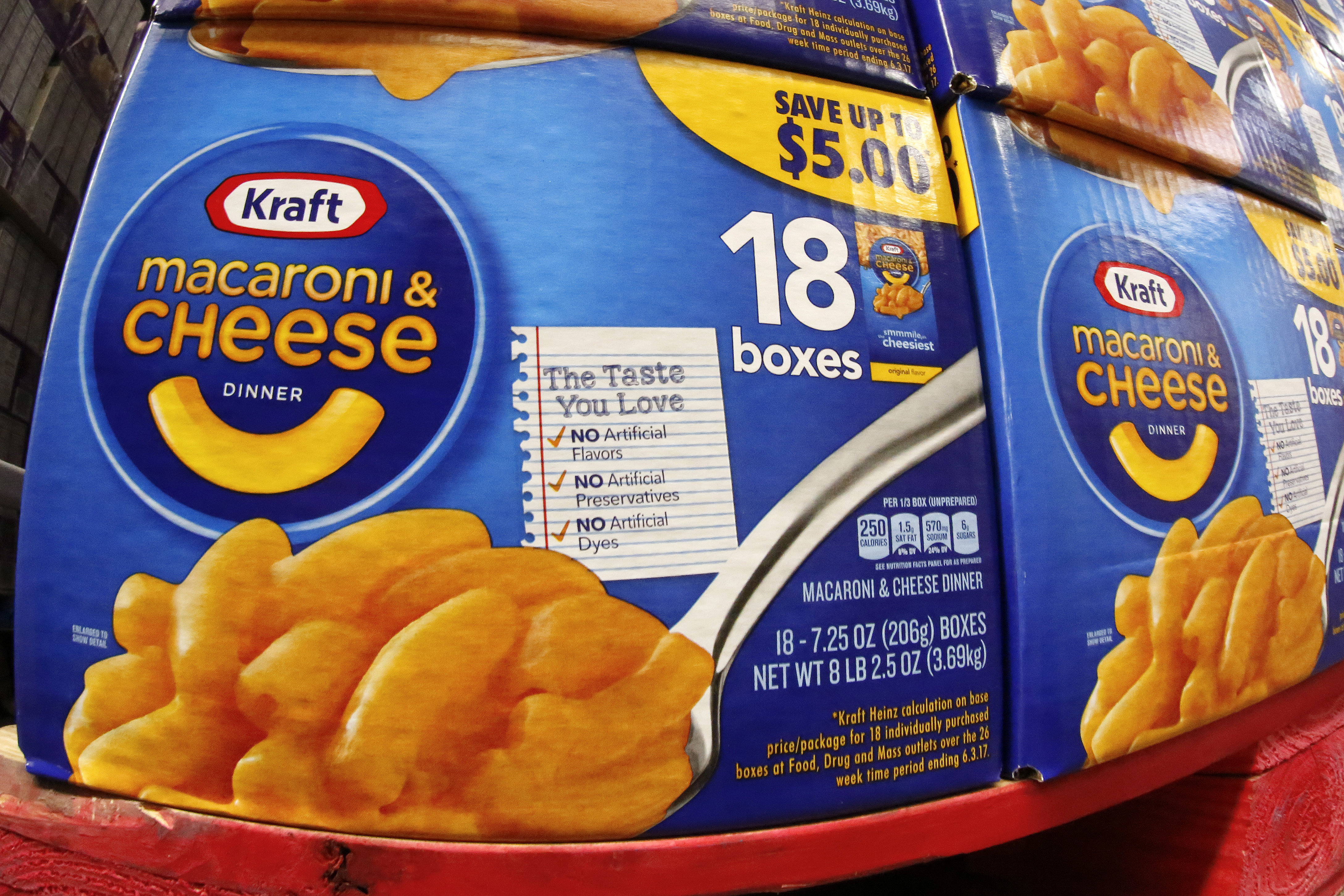 This Thursday, Feb. 22, 2018 photo shows a display of Kraft macaroni and cheese in a Sam&#039;s Club in Pittsburgh.<br />(Gene J. Puskar / AP Photo)