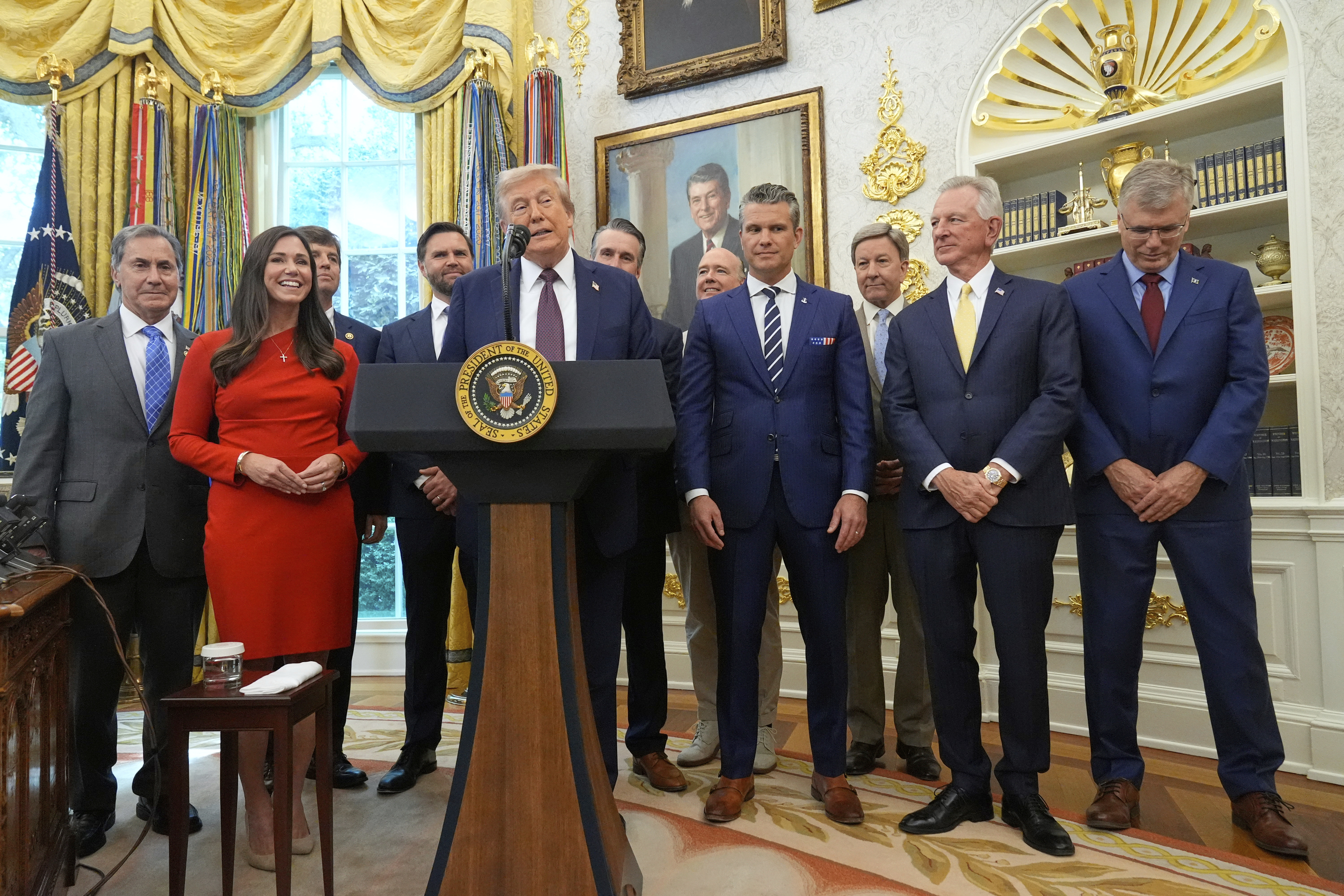 President Donald Trump speaks about the relocation of U.S. Space Command headquarters from Colorado to Alabama in the Oval Office of the White House, Tuesday, Sept. 2, 2025, in Washington.<br />(Mark Schiefelbein / AP Photo)