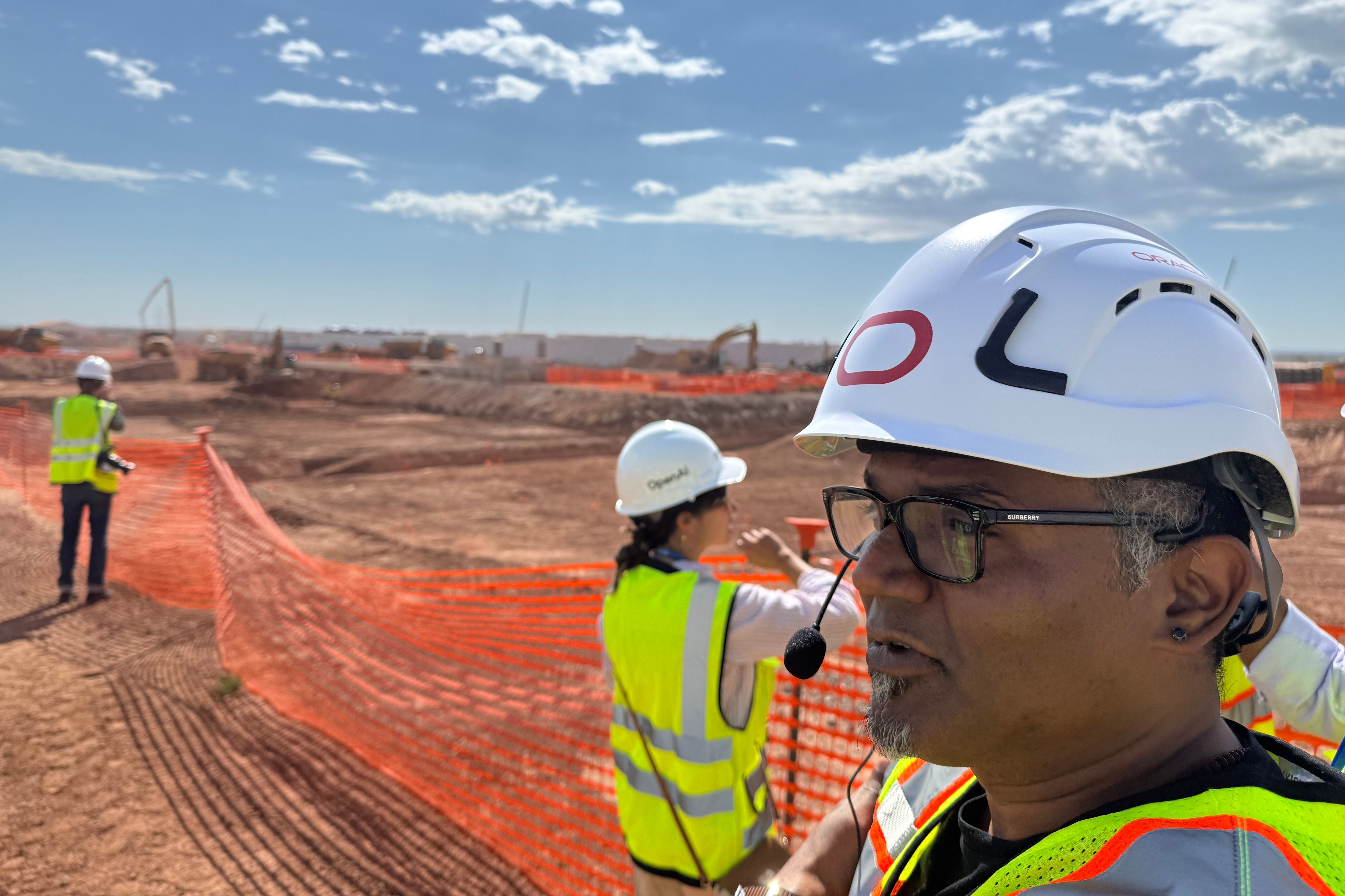 Mahesh Thiagarajan, executive vice president of Oracle Cloud Infrastructure, shows media the Stargate artificial intelligence data center project in Abilene, Texas on Tuesday Sept. 23, 2025.<br />(Matt O’Brien / AP Photo)