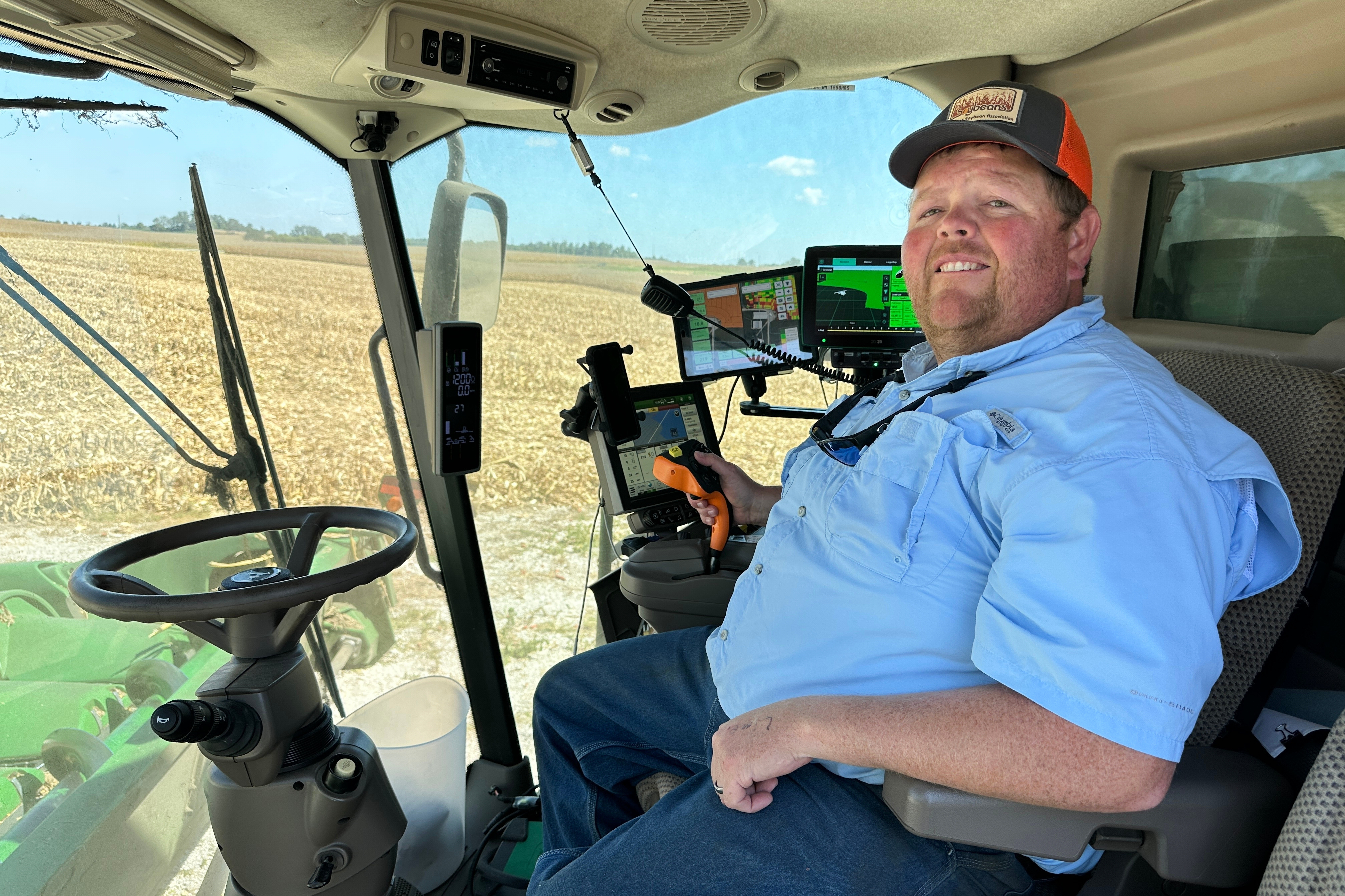 Kentucky Farmer Caleb Ragland sits in his combine while harvesting corn in Magnolia, Ky., Sept. 12, 2025.<br />(Dylan Lovan / AP Photo)