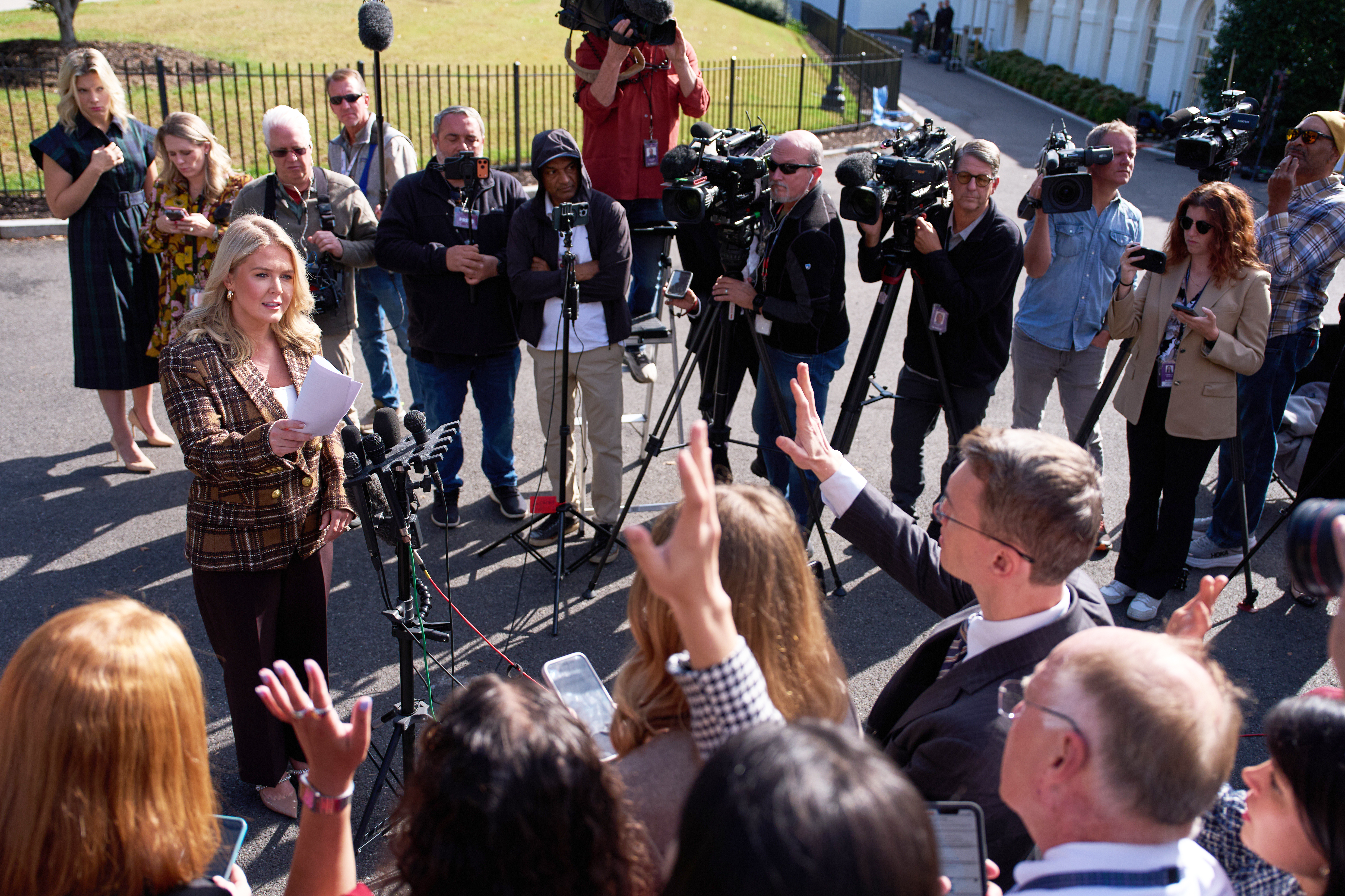 White House press secretary Karoline Leavitt speaks with reporters at the White House, Thursday, Oct. 2, 2025, in Washington.<br />(Evan Vucci / AP Photo)