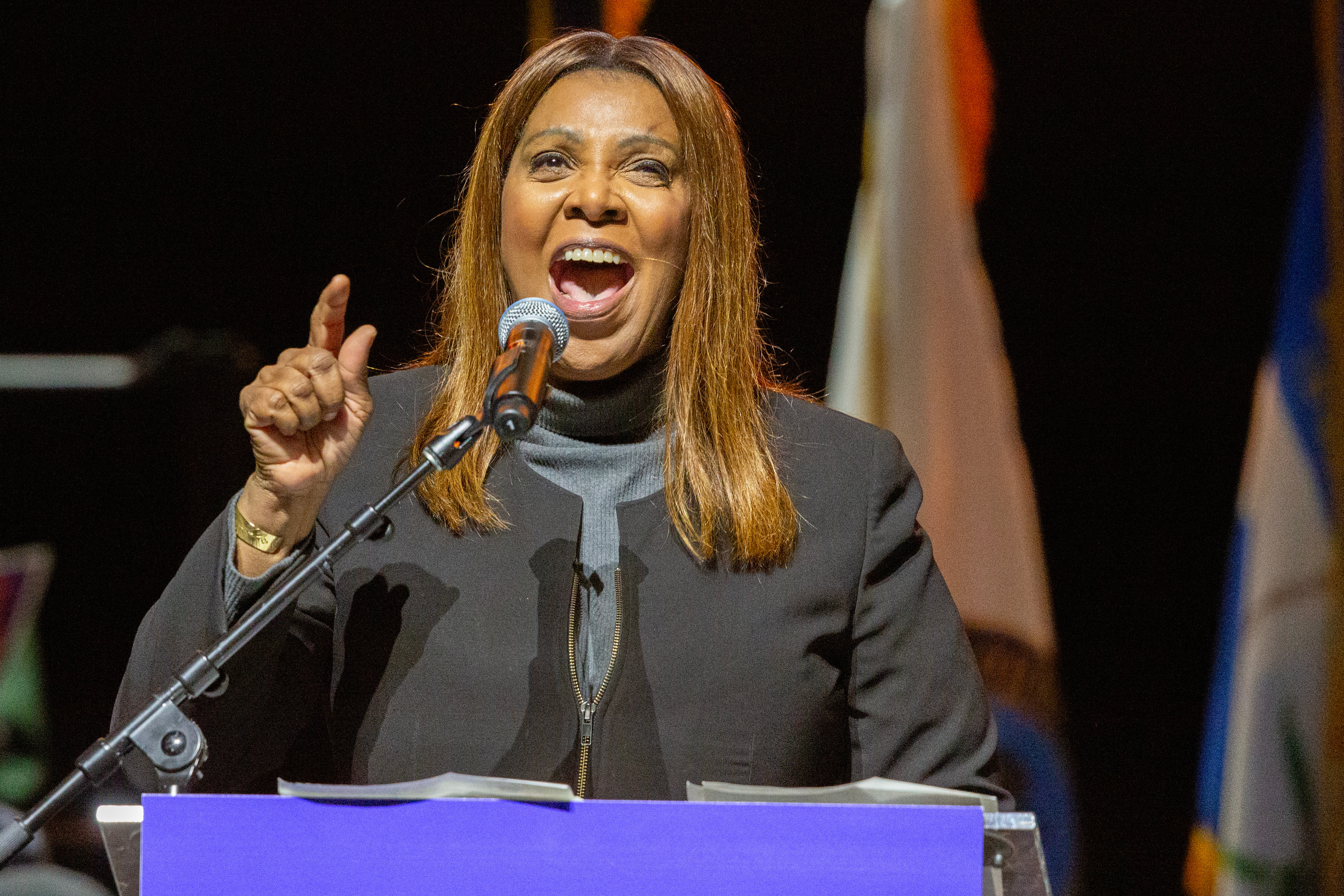 New York Attorney General Letitia James speaks at a campaign rally for New York City Democratic mayoral candidate Zohran Mamdani in New York on Monday, Oct. 13, 2025.<br />(Ted Shaffrey / AP Photo)