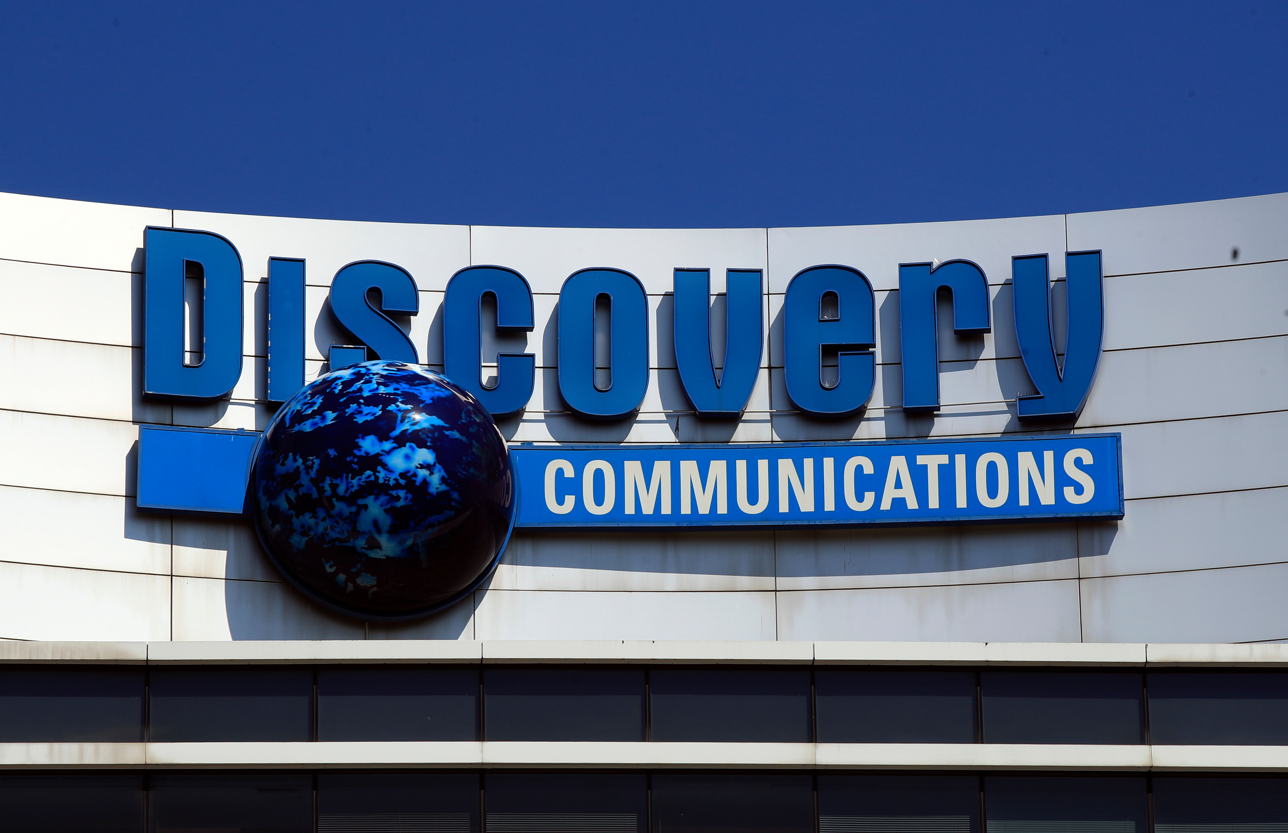 The Discovery Communications logo atop its headquarters in Silver Spring, Md, July 31, 2017.<br />(Manuel Balce Ceneta / AP Photo)