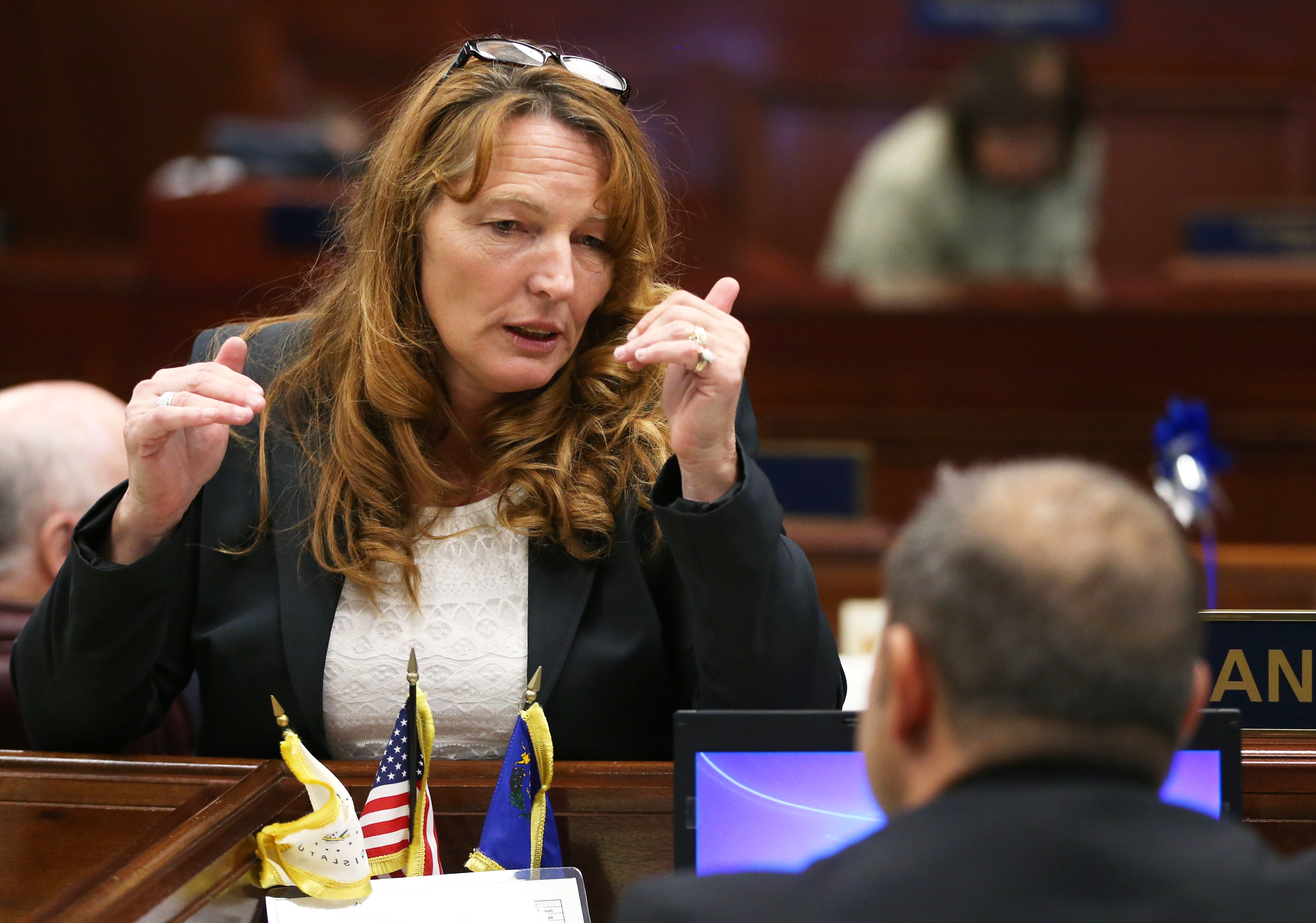Nevada Assembly Speaker Marilyn Kirkpatrick, D-North Las Vegas, talks with Assemblyman Paul Anderson, R-Las Vegas, at the Legislature in Carson City, Nev., on Wednesday, Sept. 10, 2014.<br />(Cathleen Allison / AP Photo)