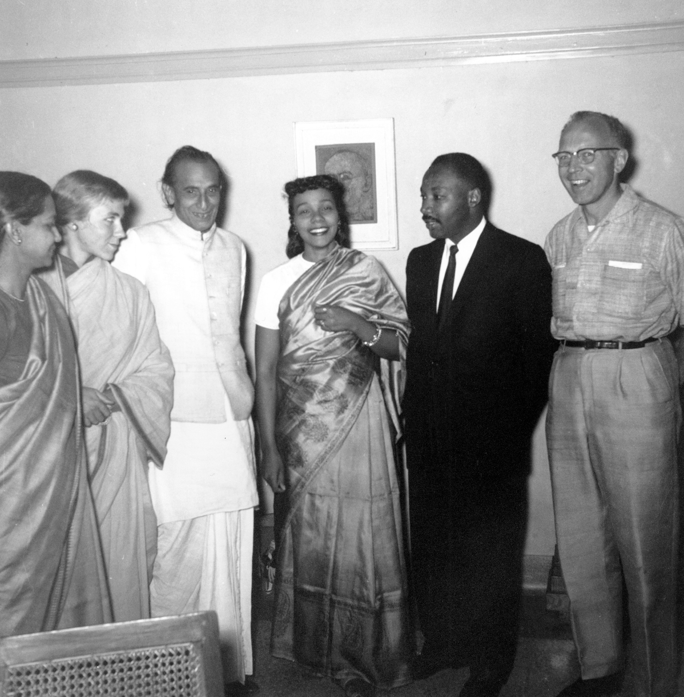 Pastor of Montgomery, Al., Dr. Martin Luther King Jr., and his wife, Coretta King, center on March 10, 1959. The Kings toured India visiting with Gandhi’s followers and leaders. From left to right are, Ms. Shanti, personal secretary to Kripalani; Barbara Bristol; Kripalani, considered the best among the interpreters of Gandhi’s teachings; Mrs. King; Dr. King; and James E. Bristol, secretary of the local Quaker center, which sponsored the Kings’ trip. (AP Photo)