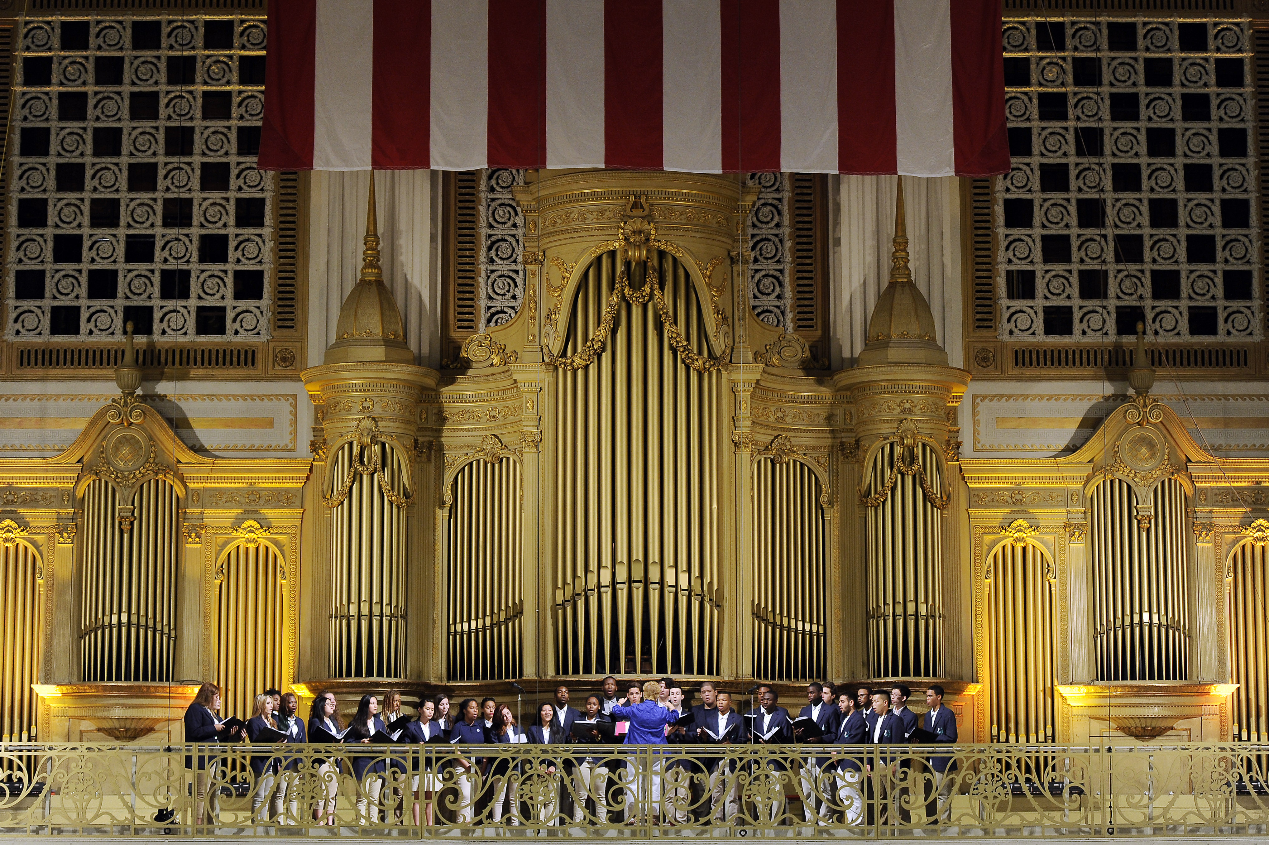 Members of the Girard Academic Music Program perform at Macy&#039;s on Saturday, June 14, 2014, in Philadelphia. Macy&#039;s and the Smithsonian Museum salutes the 200th anniversary of the Star-Spangled Banner with a special performance by The Girard Academic Music Program along with Grand Court Organist, Peter Richard Conte on the Wanamaker organ.<br />(Michael  Perez / AP Images for Macy&#039;s)