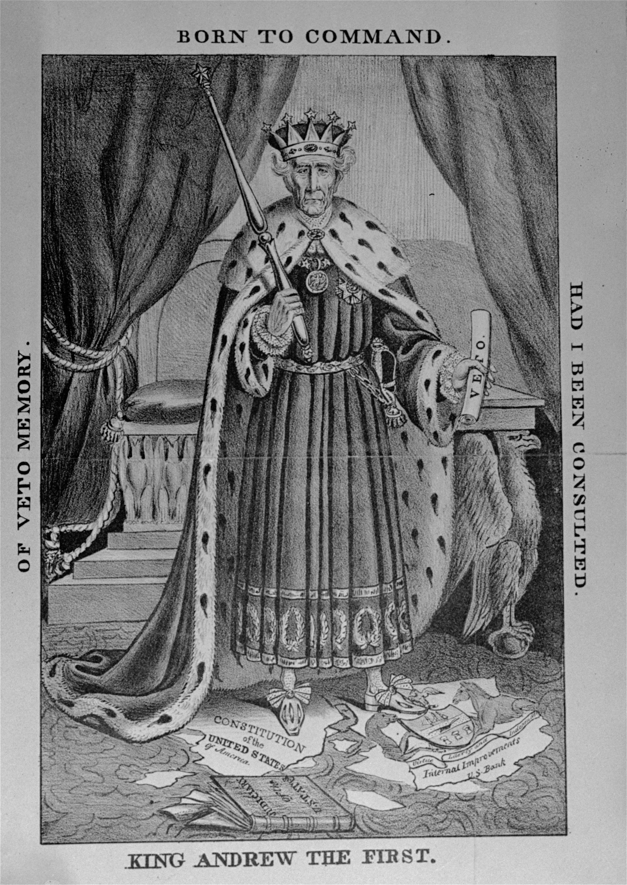 Former President Andrew Jackson, in this contemporary cartoon depicted as King Andrew I., believed the president should be in control of most federal workers.<br />(AP Photo)