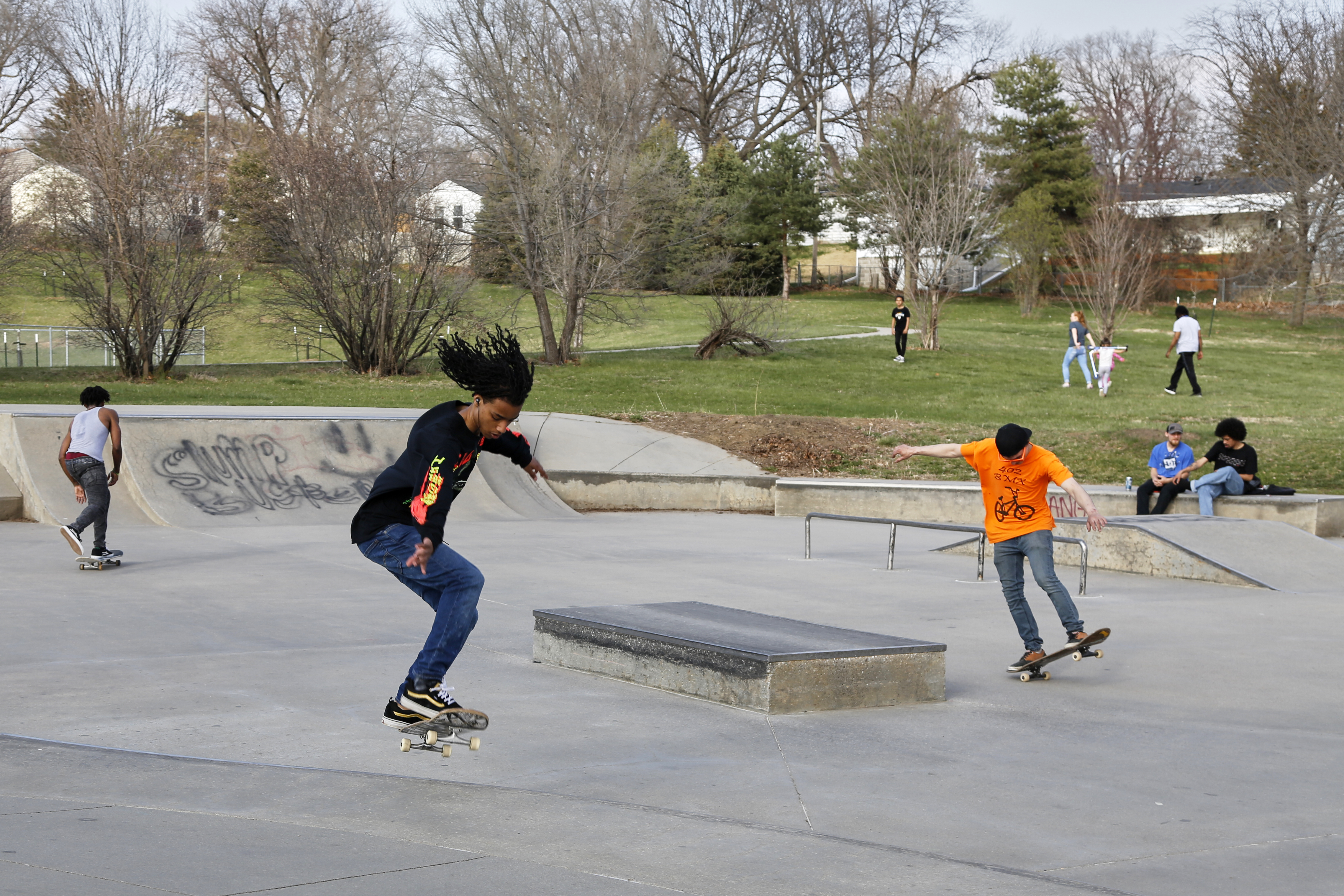 In this April 6, 2020 photo, skateboarders are seen in a park in Omaha. Omaha announced Wednesday afternoon it would close all parks to the public. (AP)