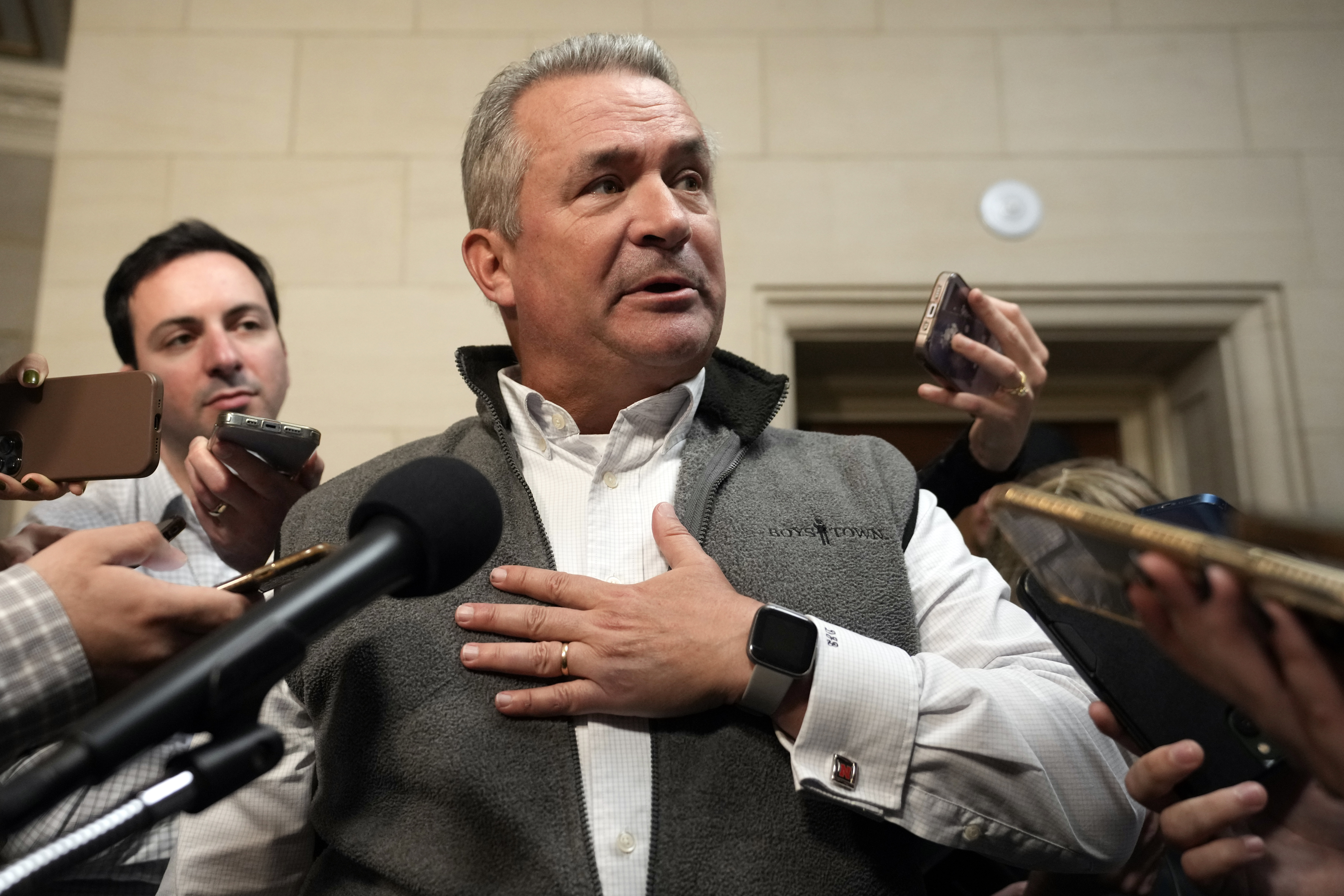 Rep. Don Bacon, R-Neb., speaks to reporters as Republicans meet to decide who to nominate to be the new House speaker, on Capitol Hill in Washington, Monday, Oct. 23, 2023.<br />(Alex Brandon / AP Photo)