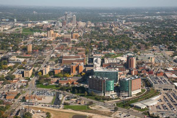 Aerial view of UNMC and midtown/downtown area of Omaha, Nebraska.<br />(Courtesy of Nebraska Medicine)